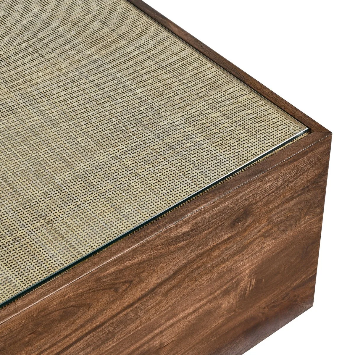 36 Inch Square Wood and Rattan Coffee Table with Glass Top in Walnut - Image 6