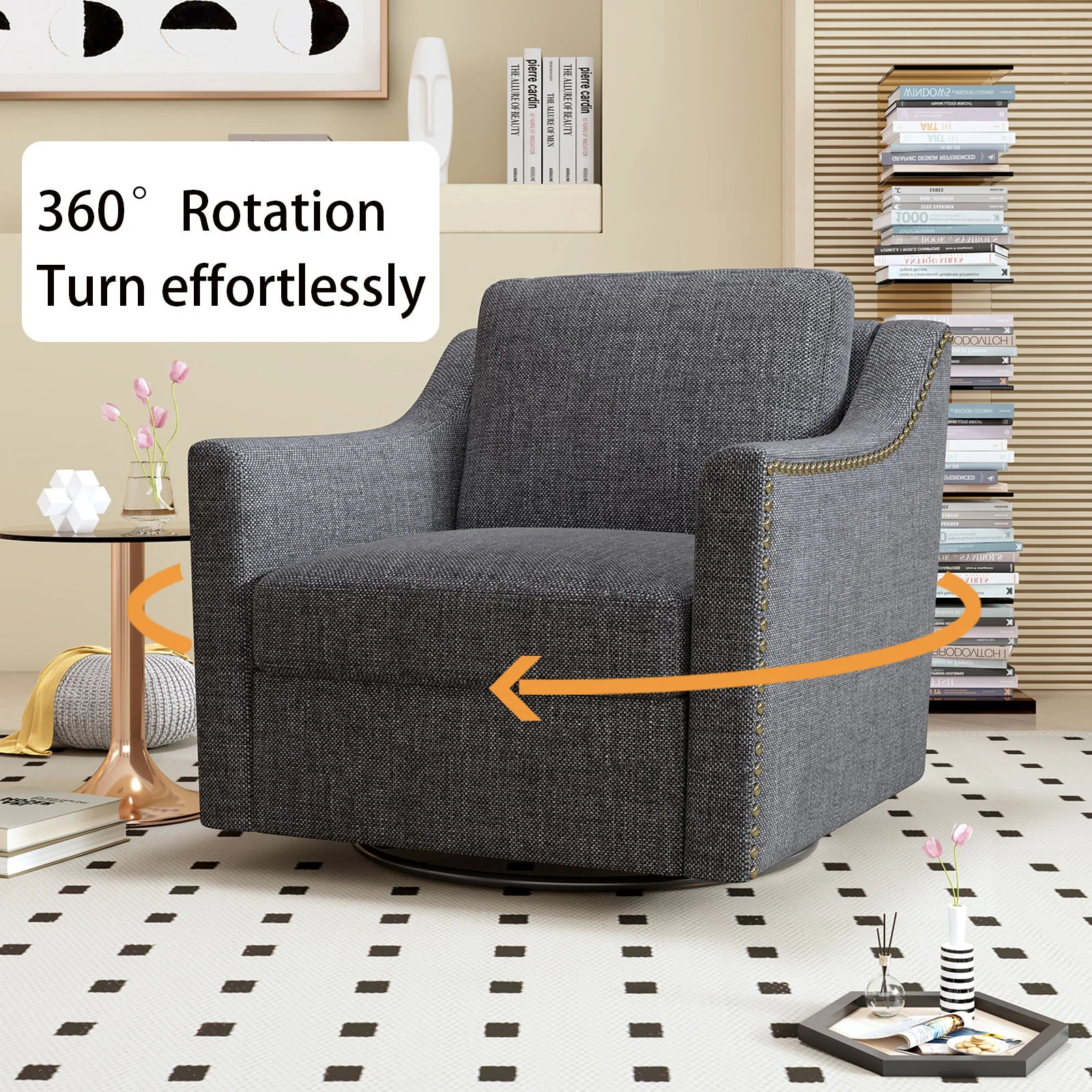 360 Degree Swivel Armchair, Skin Friendly Fabric, Ergonomic Design, Brass Nail Decorative Armchair - Image 18