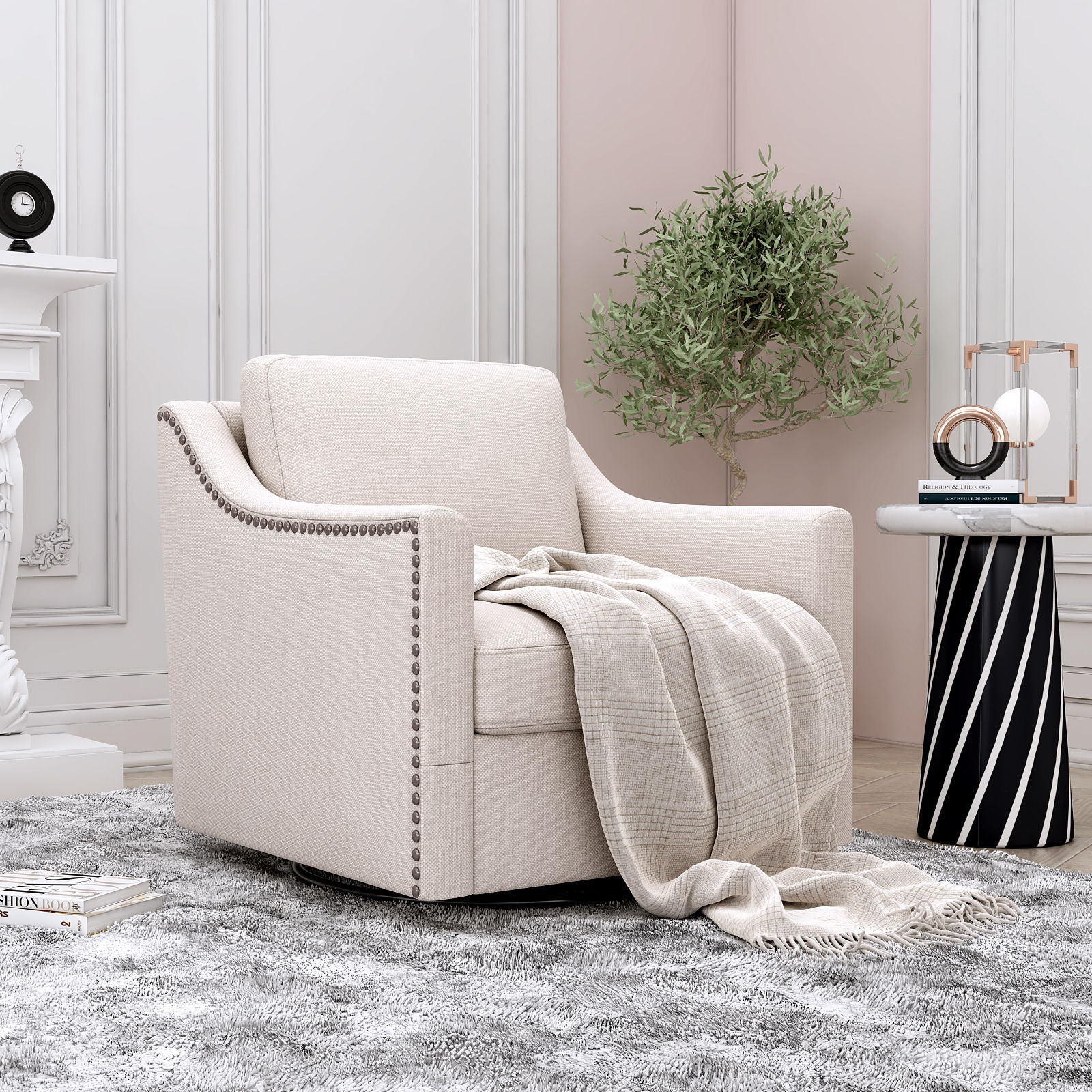360 Degree Swivel Armchair, Skin Friendly Fabric, Ergonomic Design, Brass Nail Decorative Armchair - Image 6
