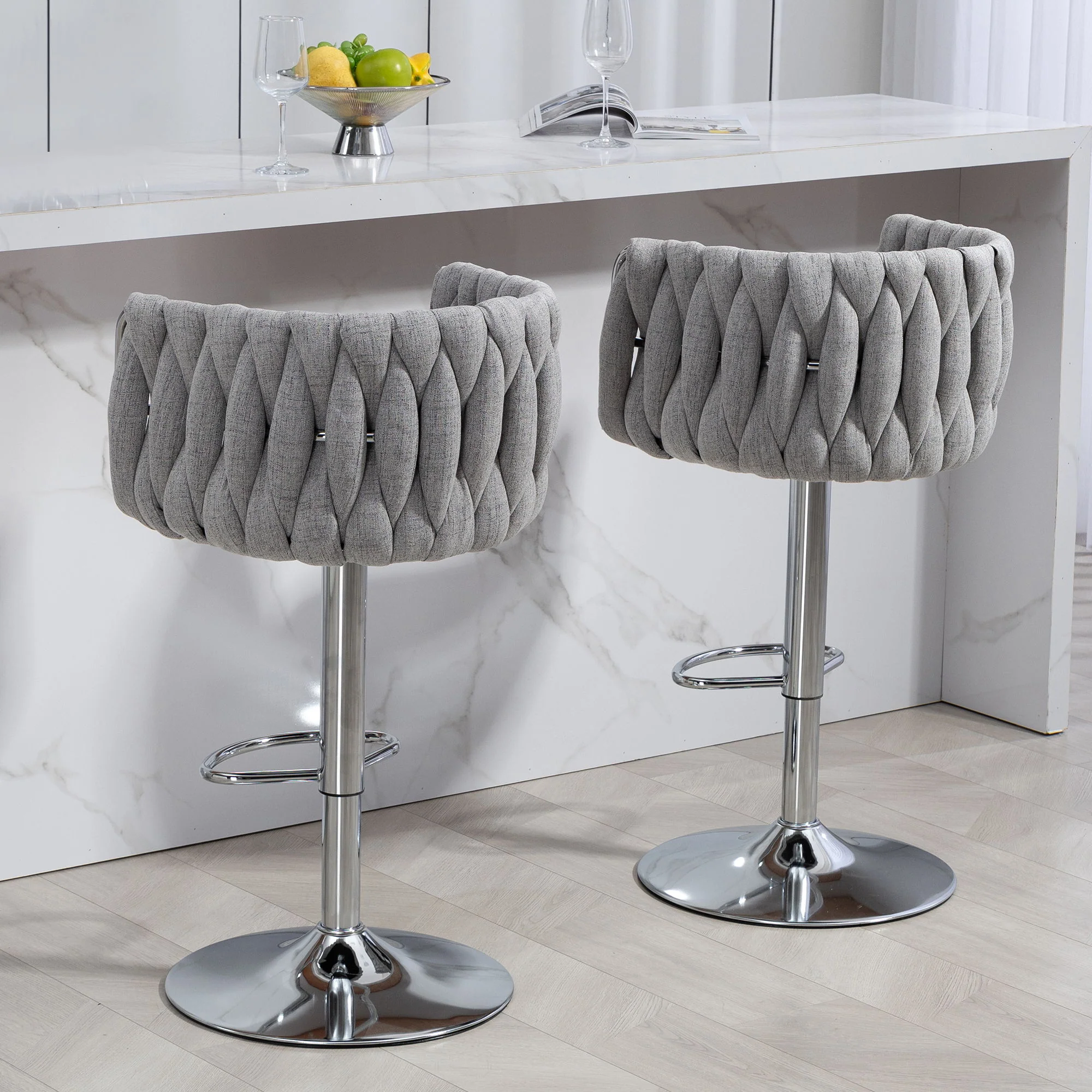 360 Degree Swivel Bar Stools Adjustable Counter Height Bar Chairs With Woven Back & Footrest, Silver Chromed Bar Stools For Kitchen Island (Set of 2) - Gray - Image 3
