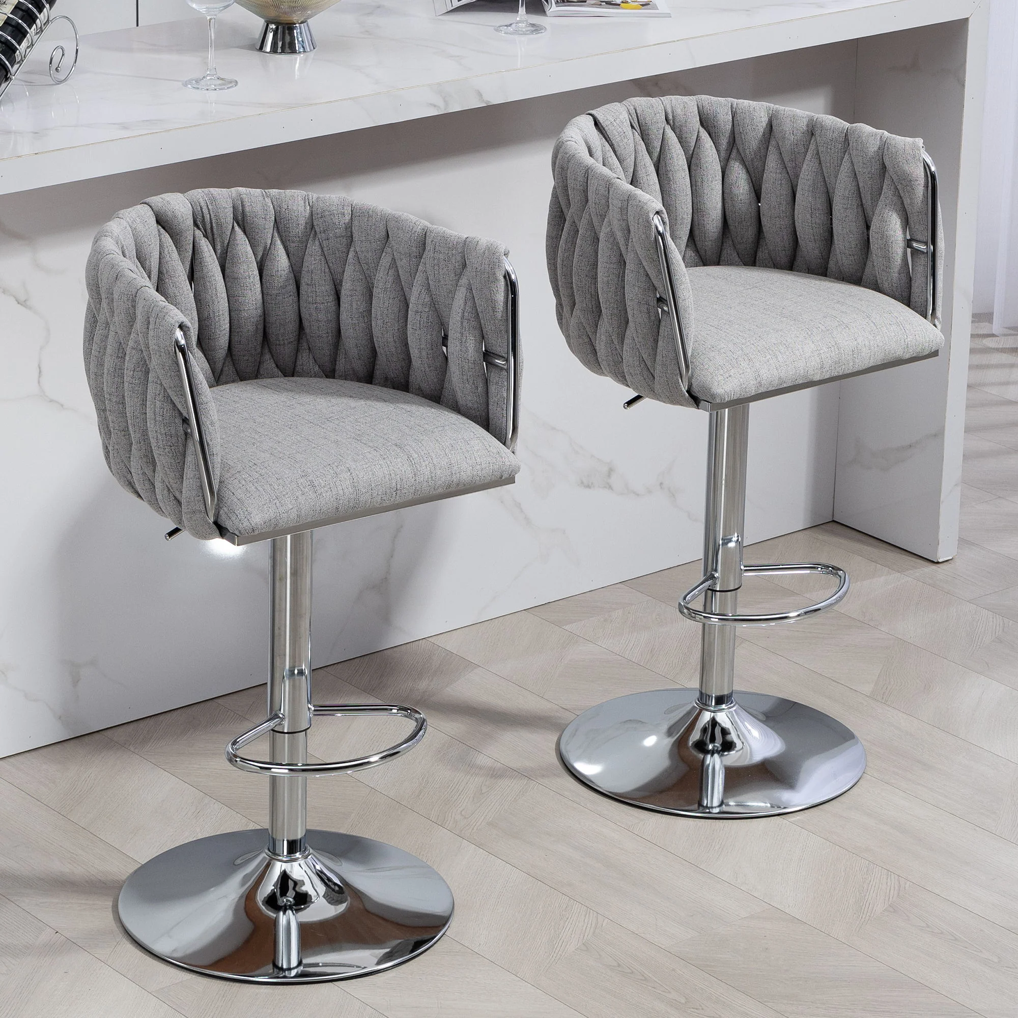 360 Degree Swivel Bar Stools Adjustable Counter Height Bar Chairs With Woven Back & Footrest, Silver Chromed Bar Stools For Kitchen Island (Set of 2) - Gray - Image 9