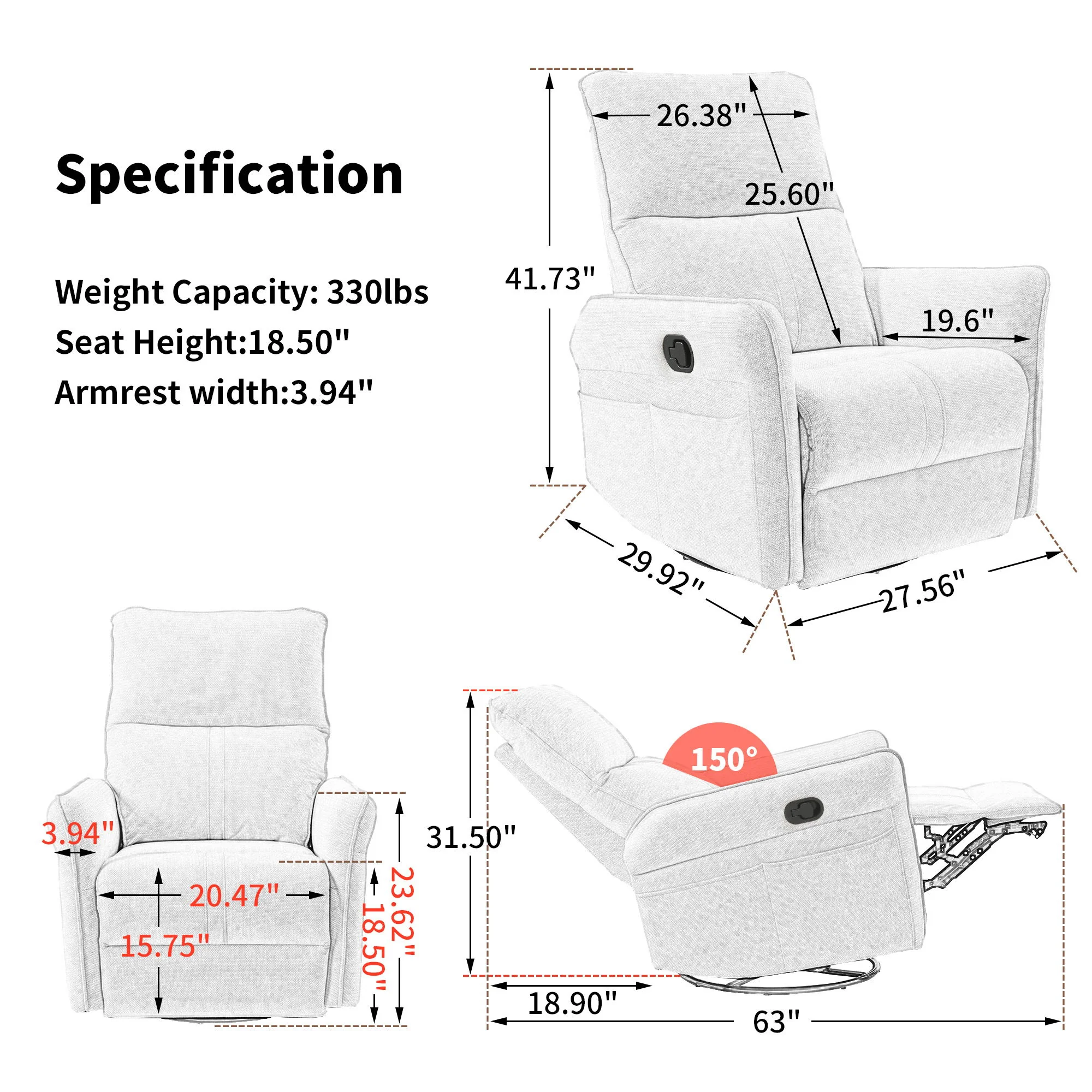 360° Modern Small Rocking Swivel Recliner Chair With Side Pocket - Image 4
