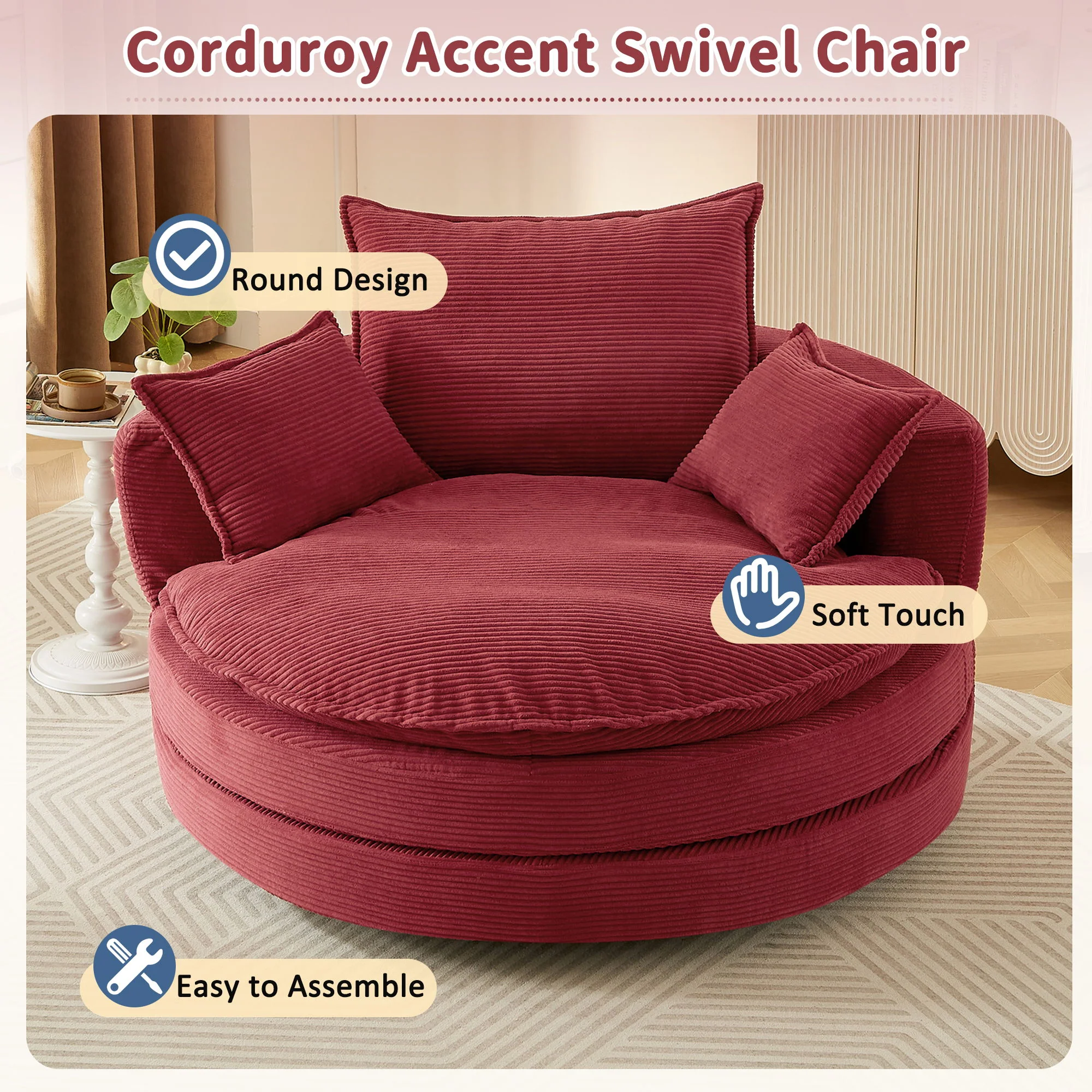 360° Swivel Accent Barrel Chair With Dual Layer Cushion And 3 Removable Pillows - Image 14