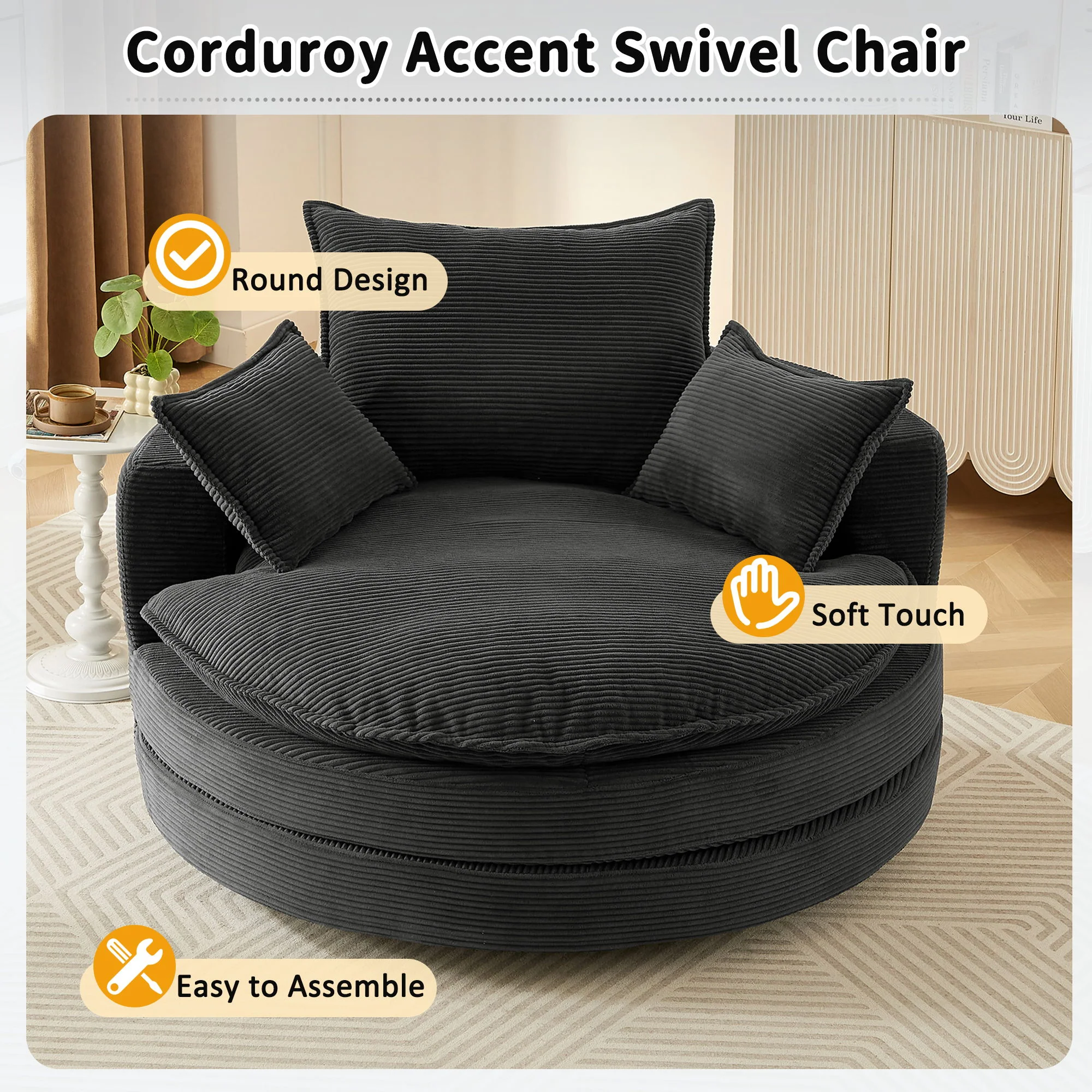 360° Swivel Accent Barrel Chair With Dual Layer Cushion And 3 Removable Pillows - Image 19