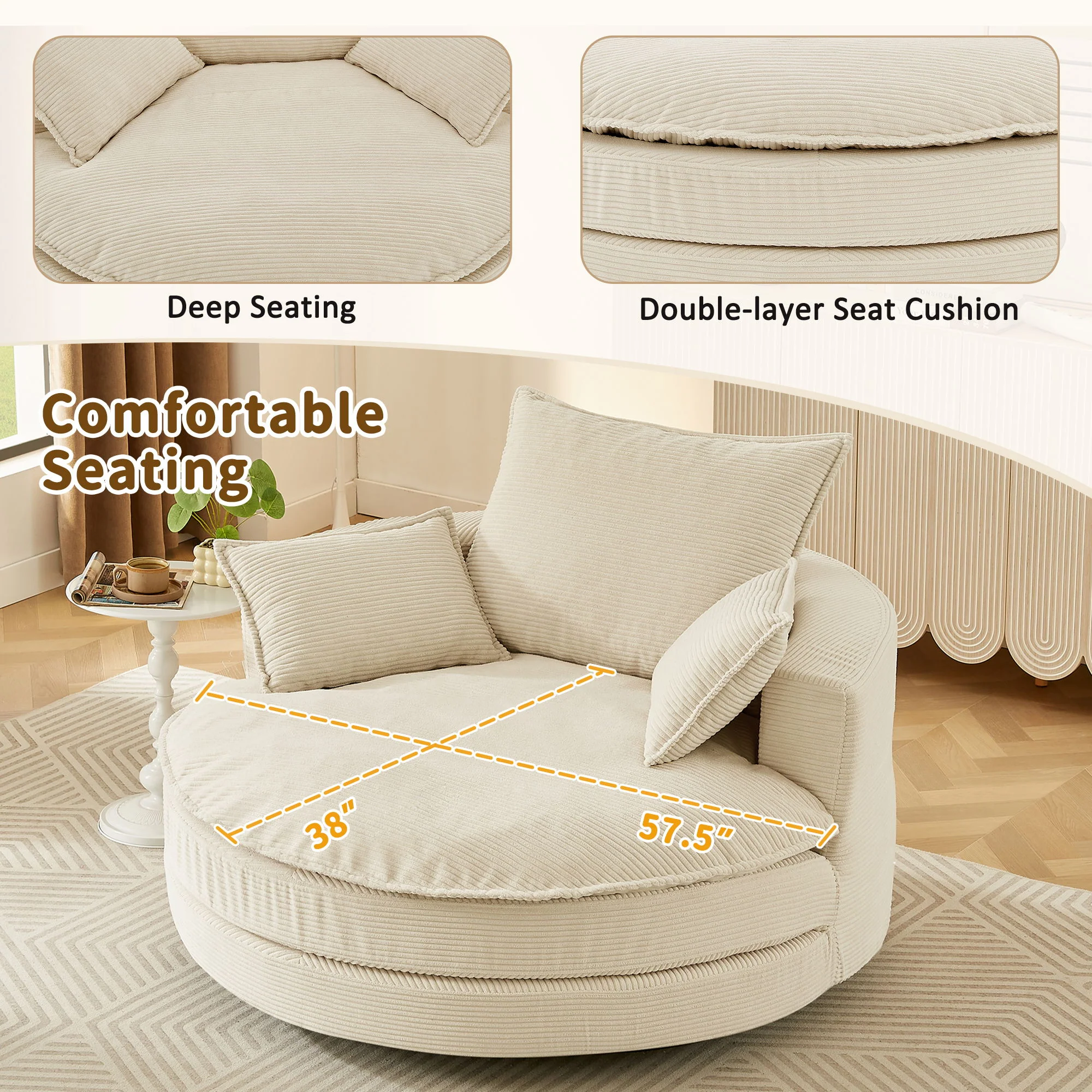 360° Swivel Accent Barrel Chair With Dual Layer Cushion And 3 Removable Pillows - Image 37