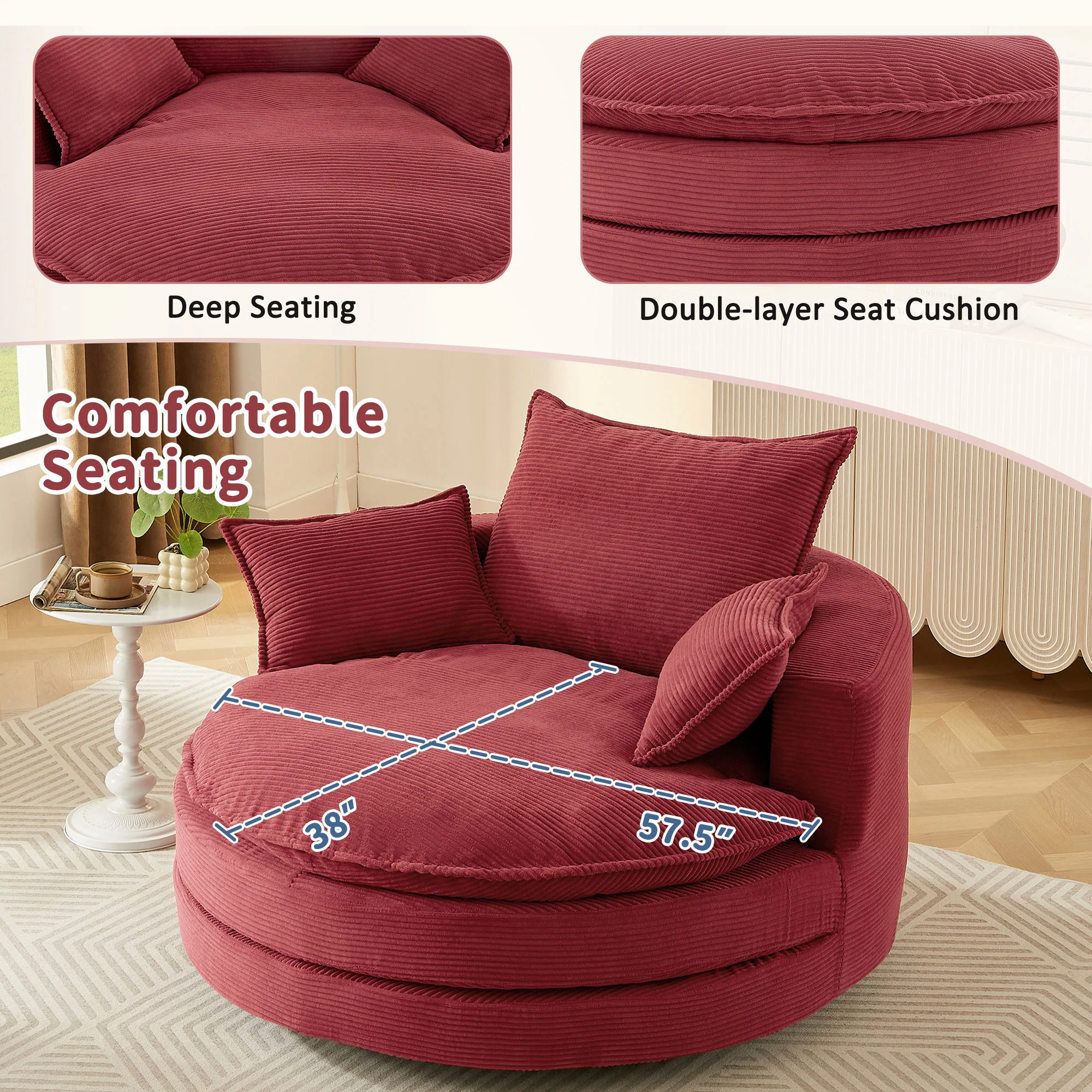 360° Swivel Accent Barrel Chair With Dual Layer Cushion And 3 Removable Pillows - Image 39