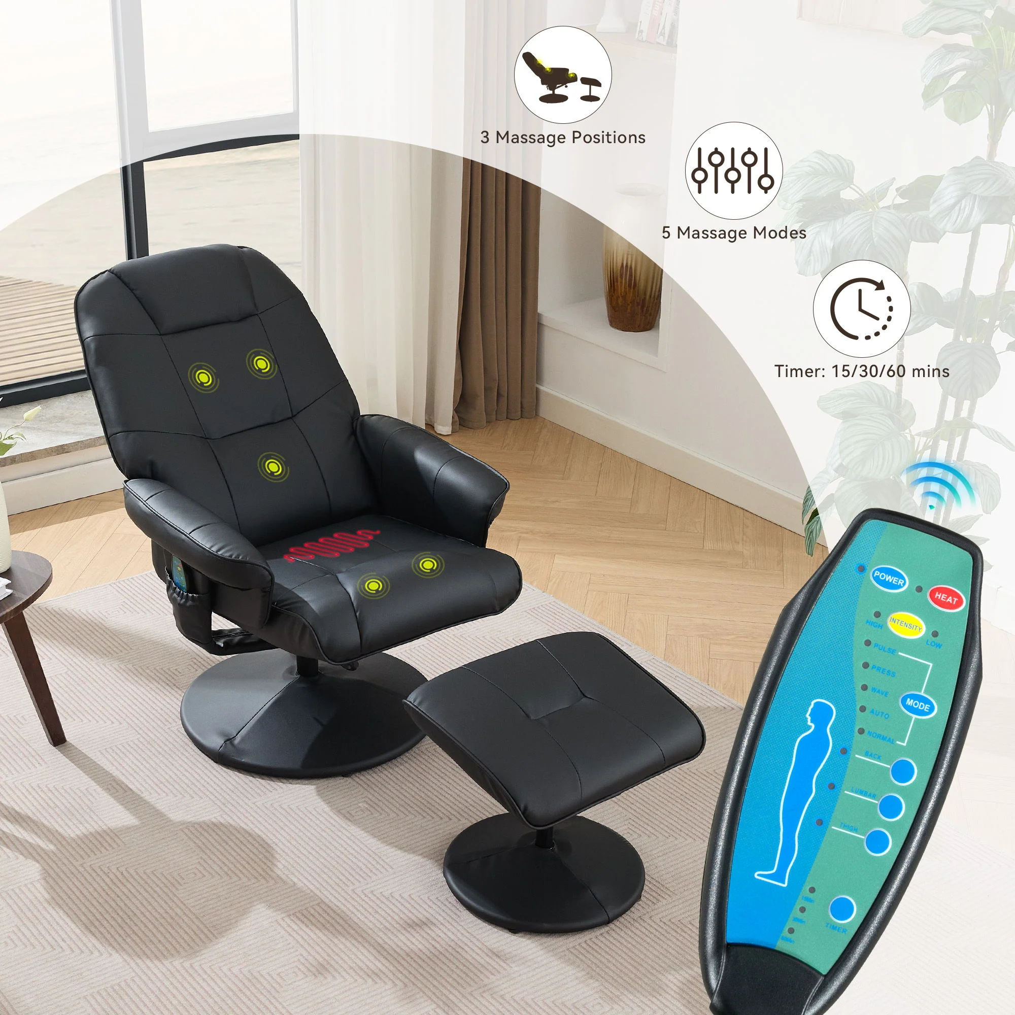 360° Swivel Reclining Chair With Wrapped Base, 5 Point Vibration Massage - Image 6