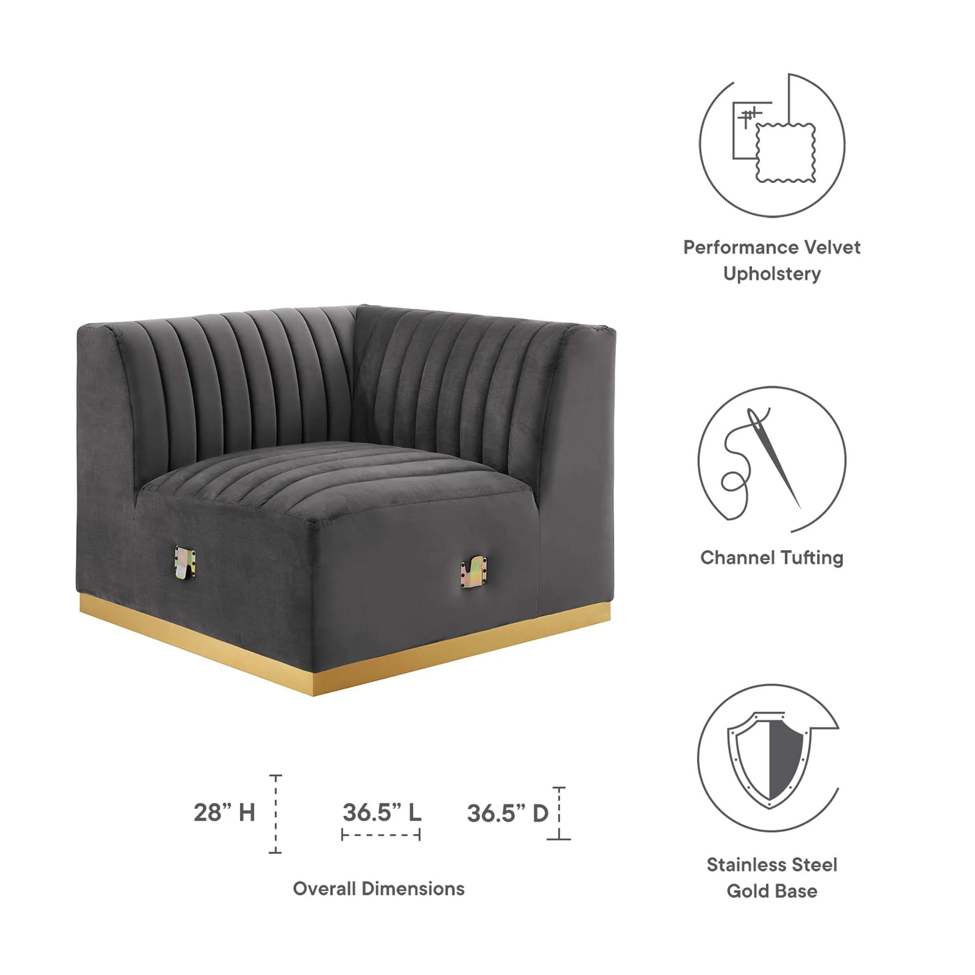 37 Inch Channel Tufted Performance Velvet Left Corner Chair with Gold Stainless Steel Base - Image 14