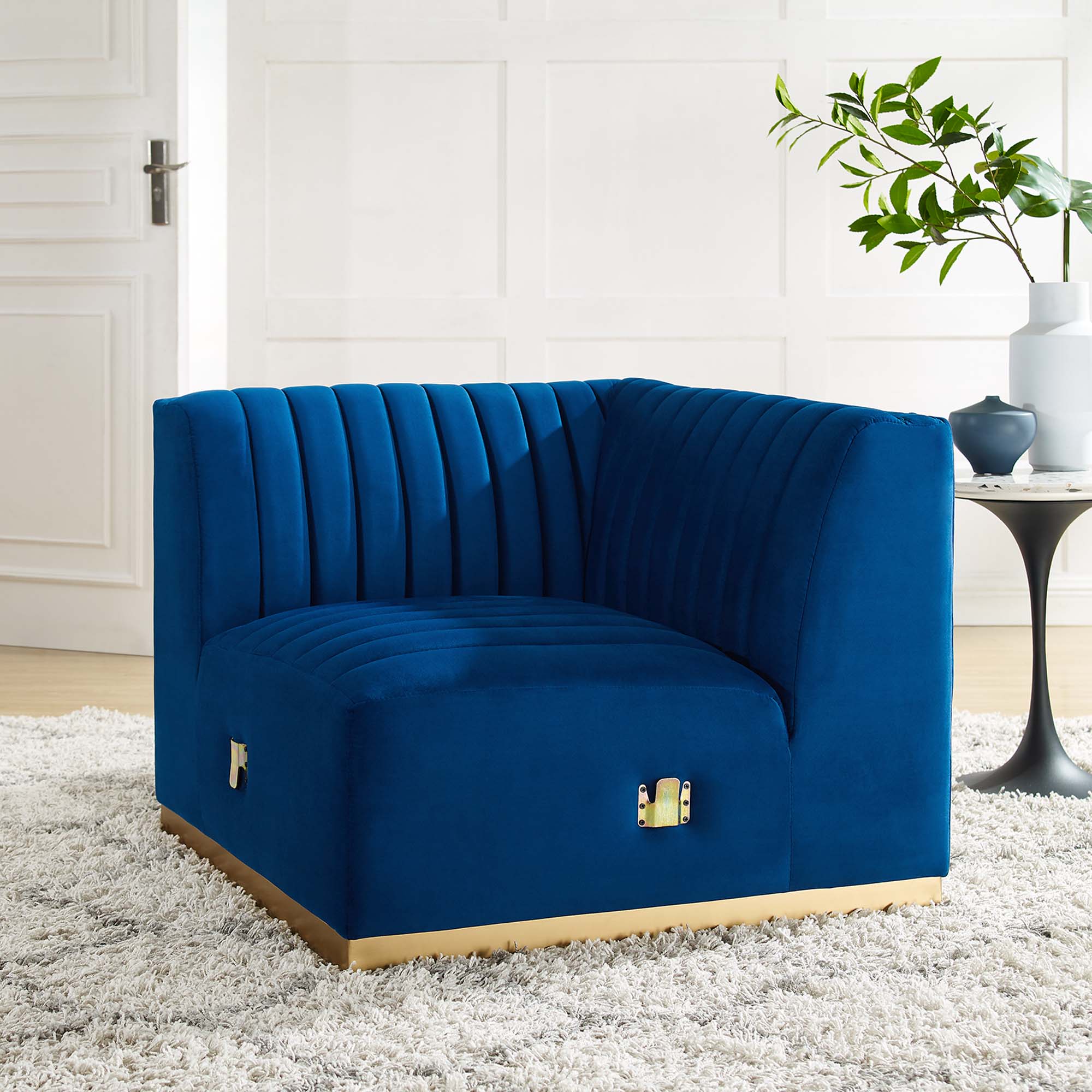 37 Inch Channel Tufted Performance Velvet Left Corner Chair with Gold Stainless Steel Base - Image 24