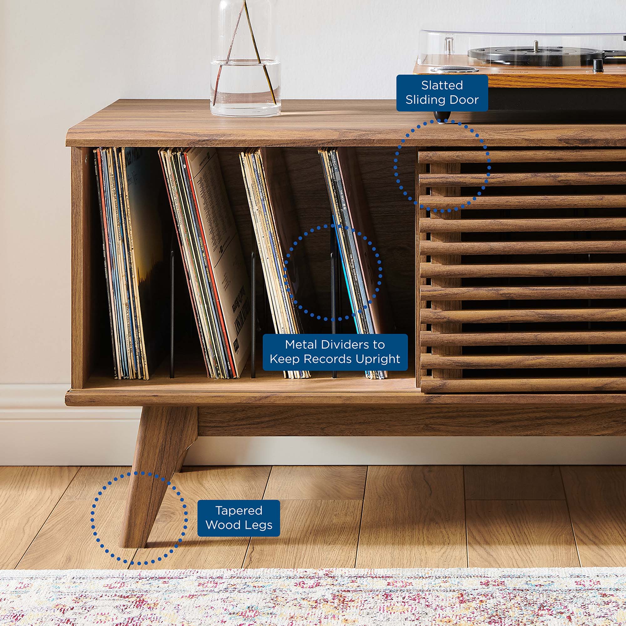 37 Inch Vinyl Record Display Stand with Sliding Slatted Door and Metal Dividers - Image 14