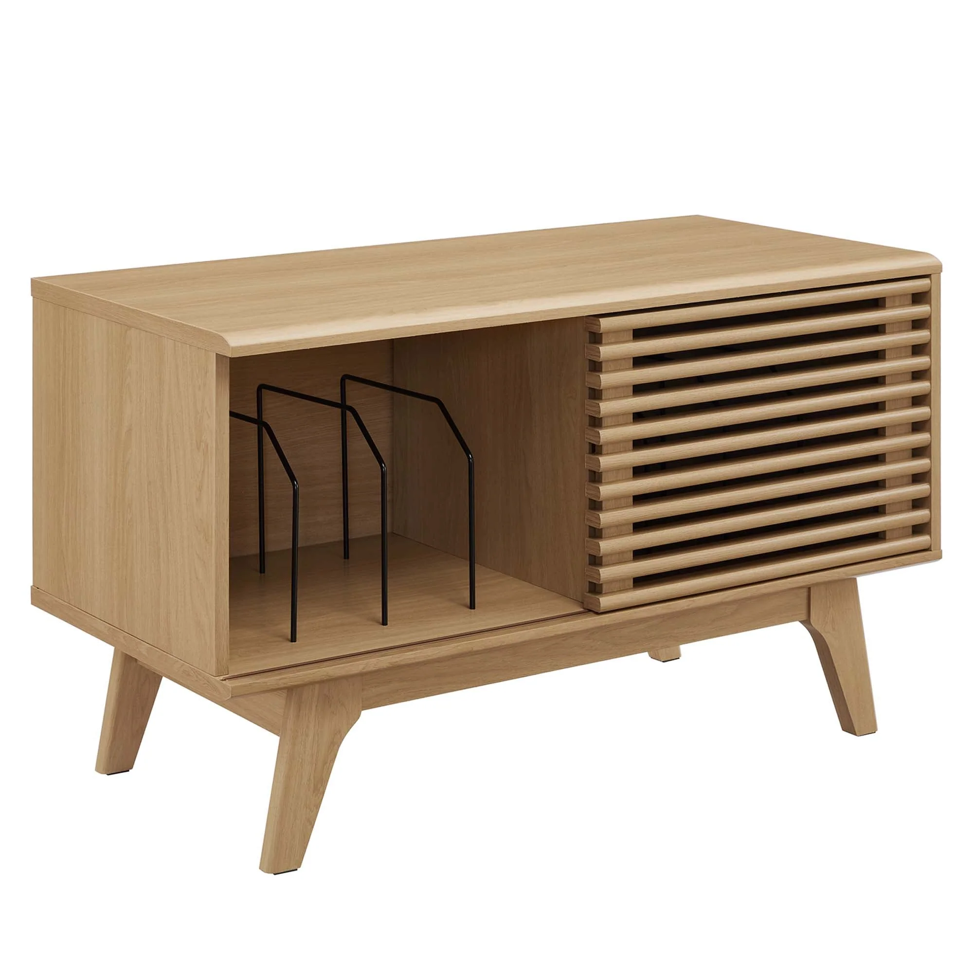 37 Inch Vinyl Record Display Stand with Sliding Slatted Door and Metal Dividers - Image 7