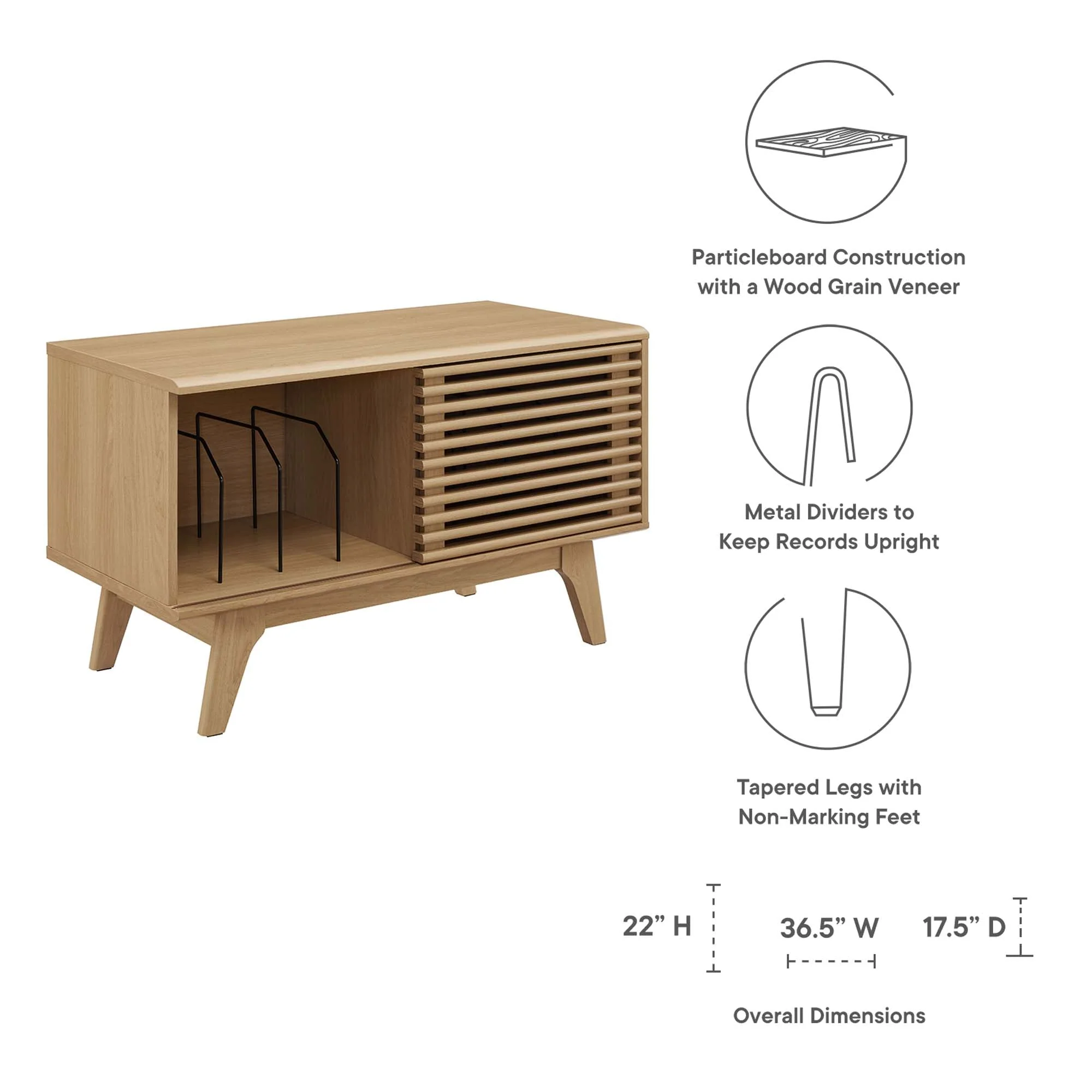 37 Inch Vinyl Record Display Stand with Sliding Slatted Door and Metal Dividers - Image 8