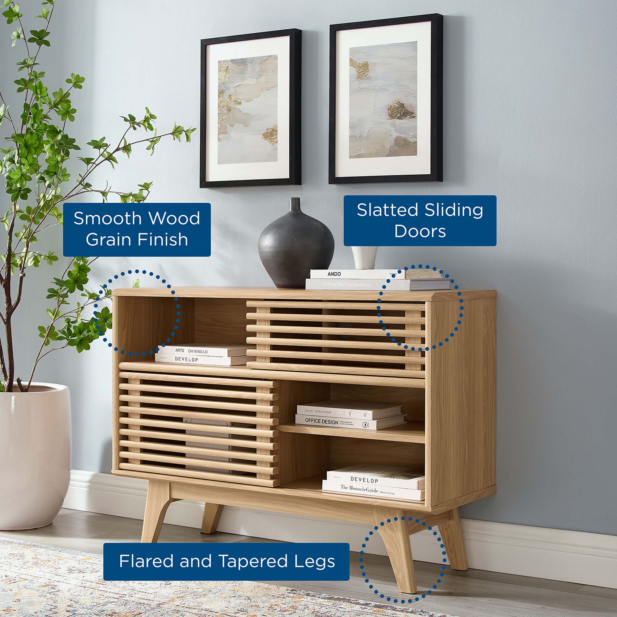 38 Inch Mid-Century Modern Display Stand with Dual Slatted Sliding Doors - Image 3