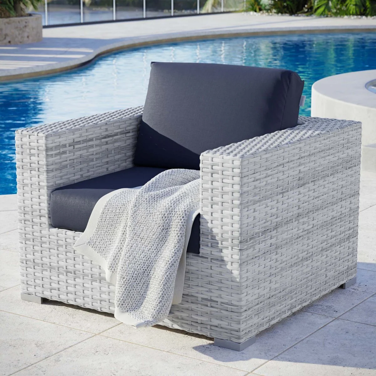 38" Light Gray Wicker Rattan Outdoor Armchair with Cushions and Weather-Resistant Frame - Image 8