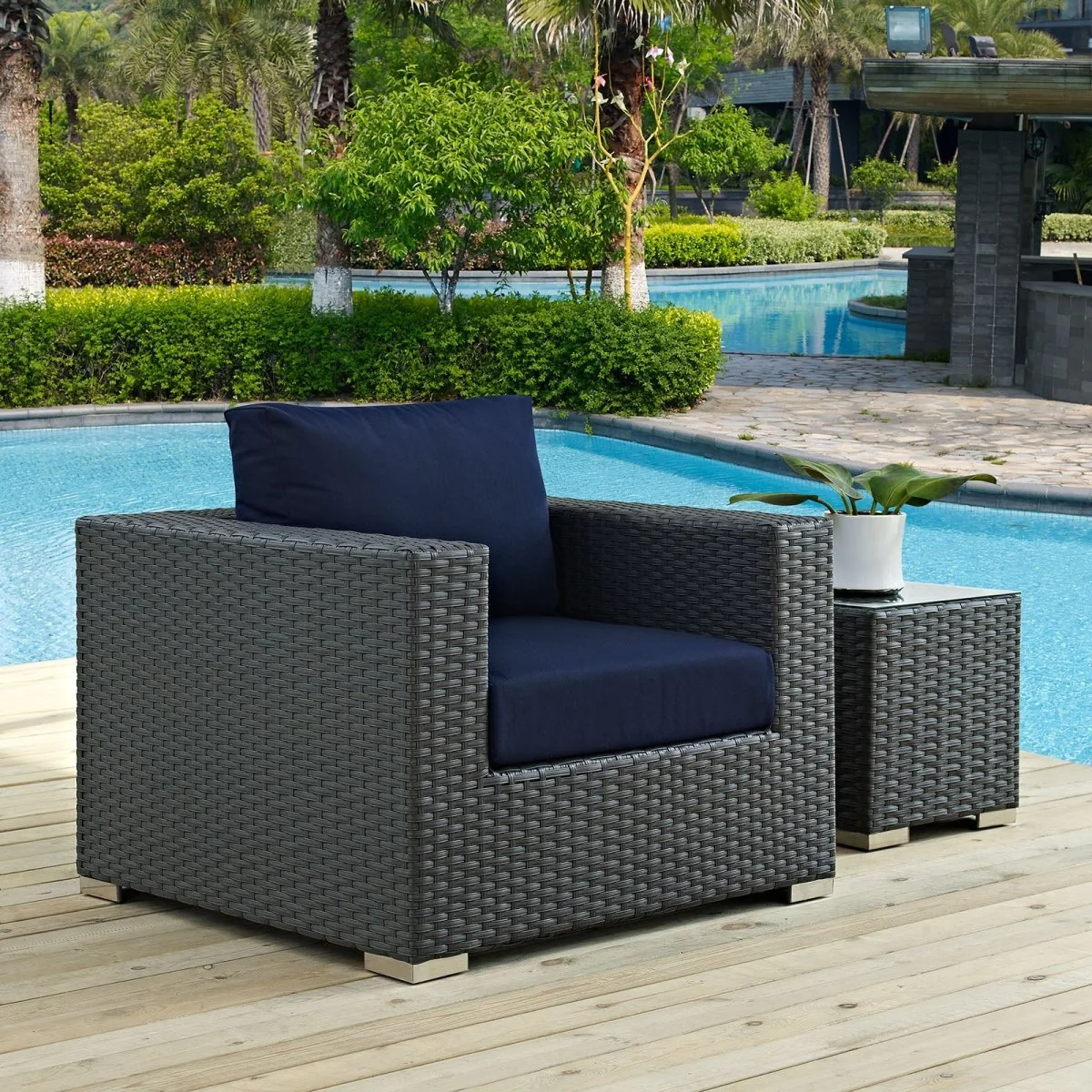 38" Wicker Outdoor Patio Armchair with Canvas Cushions, Weather-Resistant Frame - Image 9