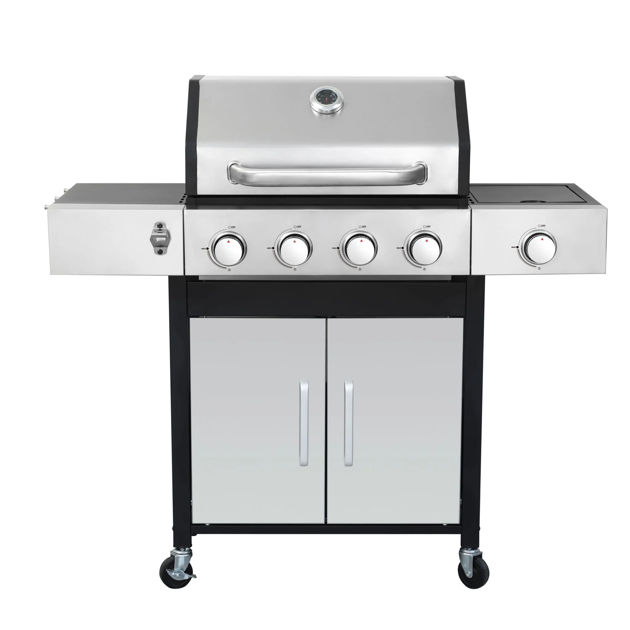 4 Burner Propane Gas Bbq Grill With Side Burner, 46790Btu Output With Enameed Cast Iron Cooking Grids For Outdoor Barbecue, Stainless Steel - Black / Silver - Image 7