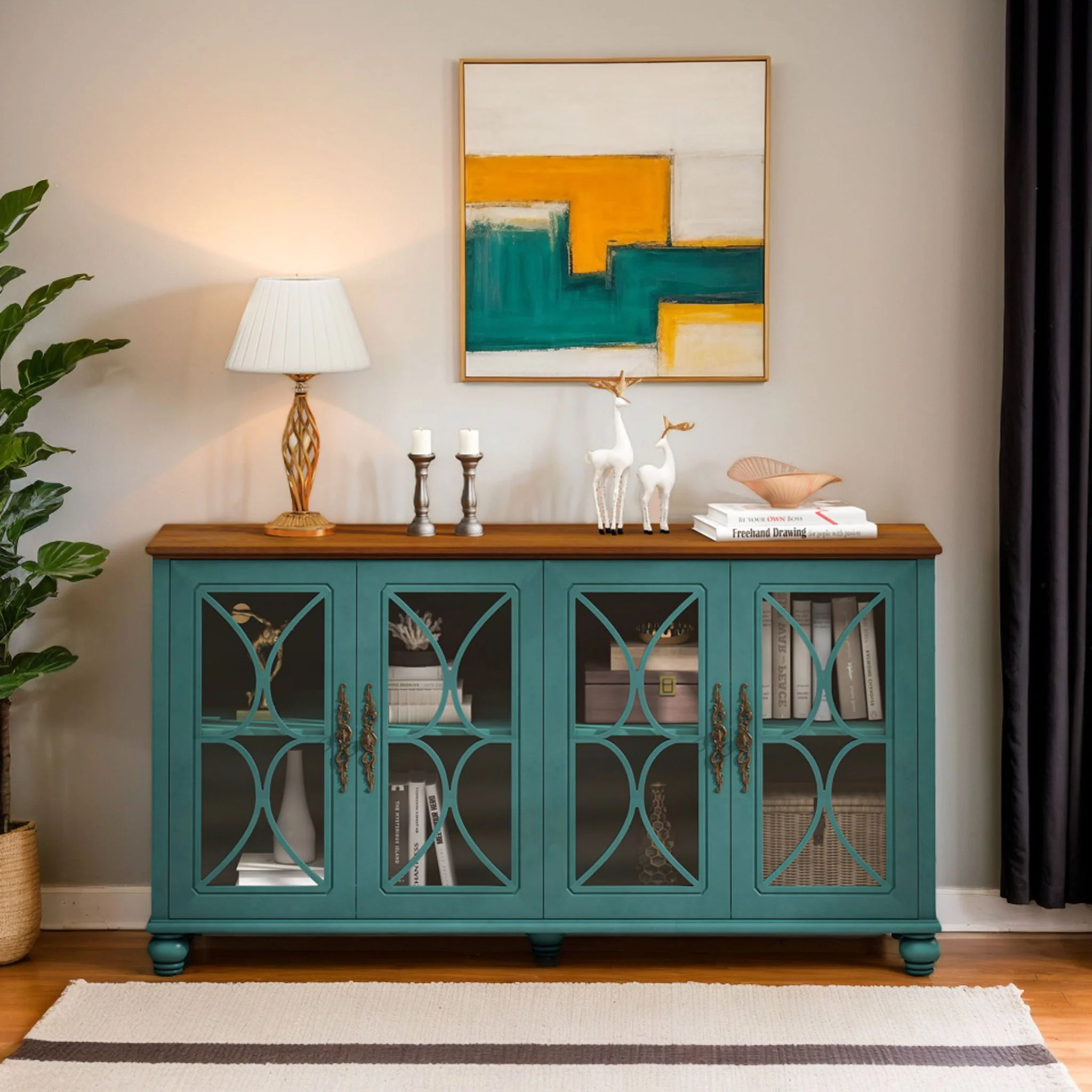 4 Door Sideboard Cabinet with Tempered Glass Doors and Wood 59x32in - Image 17