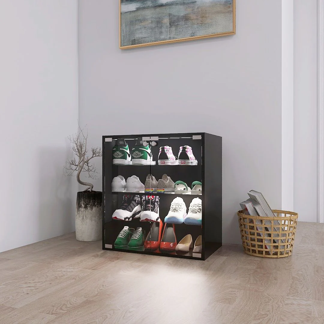4 Layers Shoe Cabinet With Glass Door And Glass Layer Shoes Display Cabinet With LED Light Bluetooth Control - Black - Image 2