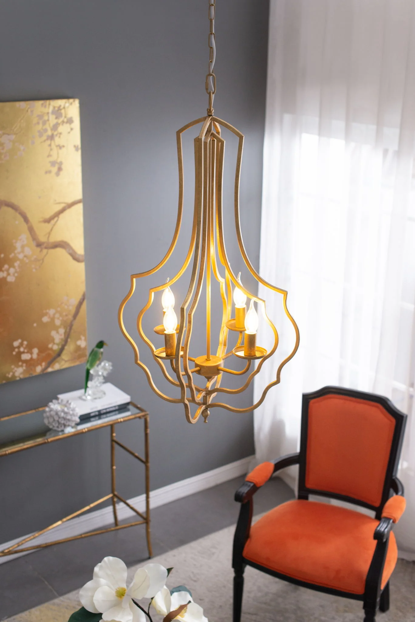 4 Light Chandelier, Hanging Light Fixture With Adjustable Chain For Kitchen, Bulb Not Included - Gold - Image 3