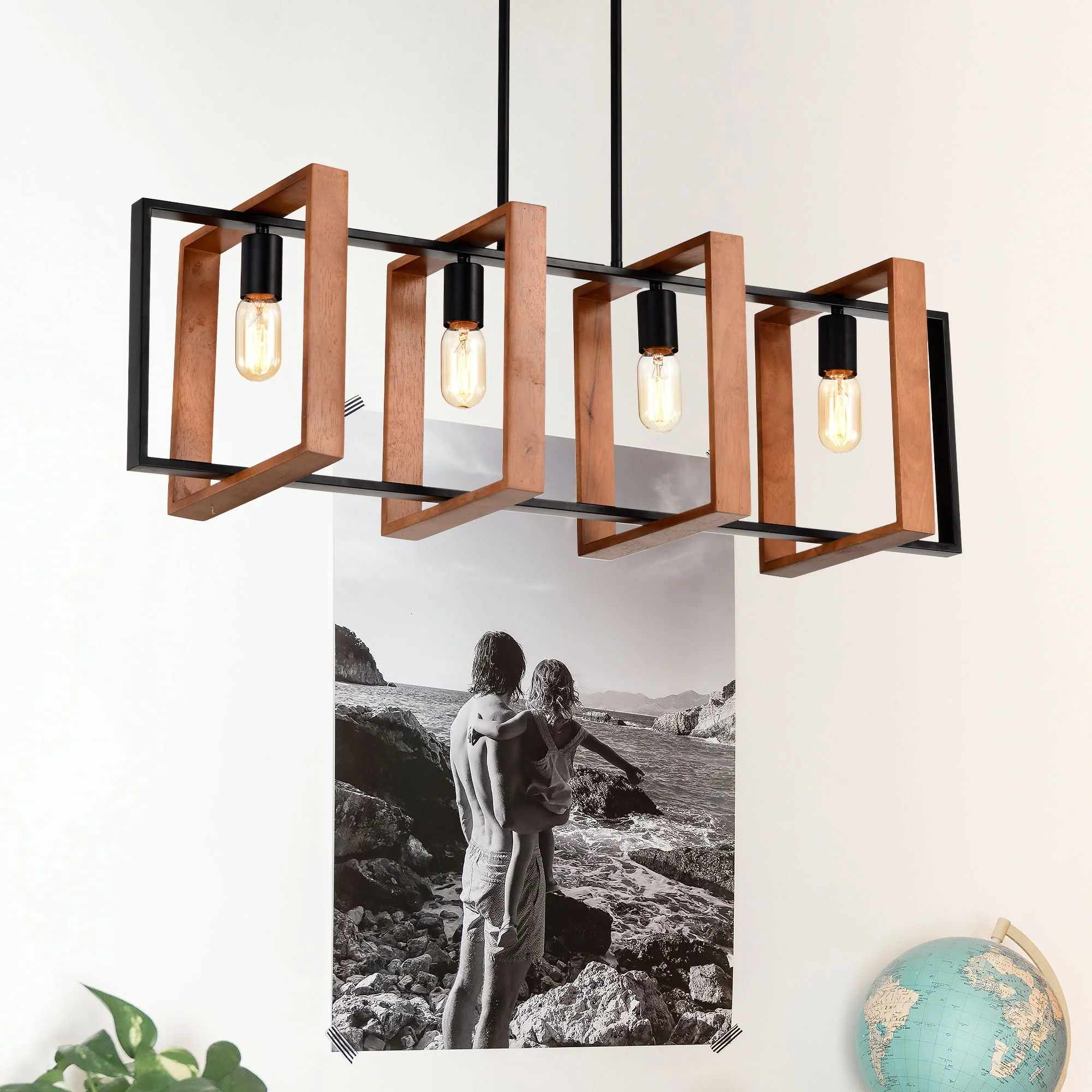 4 Light Kitchen Island Lights Pendant Light Farmhouse Dining Room Light Fixture, Rectangular Chandelier, 36" Hanging Lighting For Living Room, Conference Room, Home Office - Matte Black - Image 4