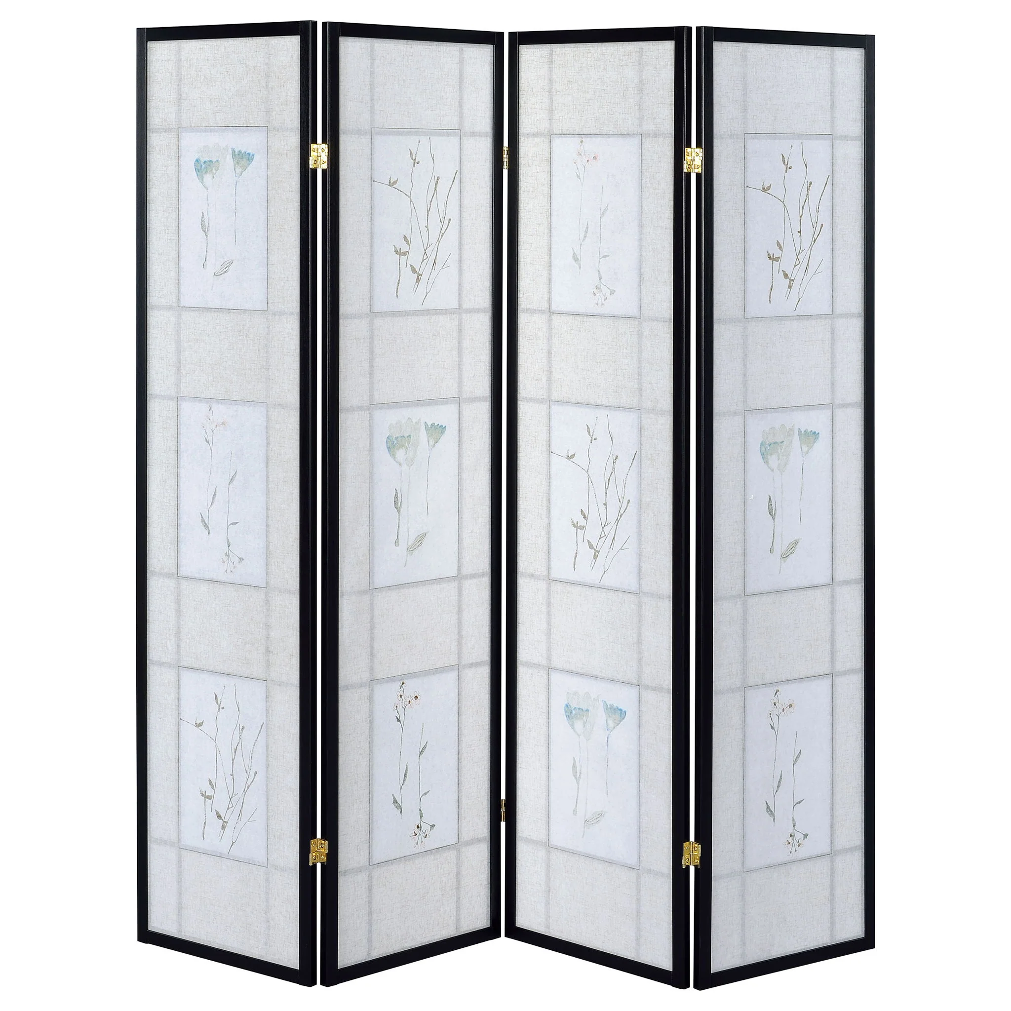 4 Panel Folding Screen With Floral Motif - Black - Image 2