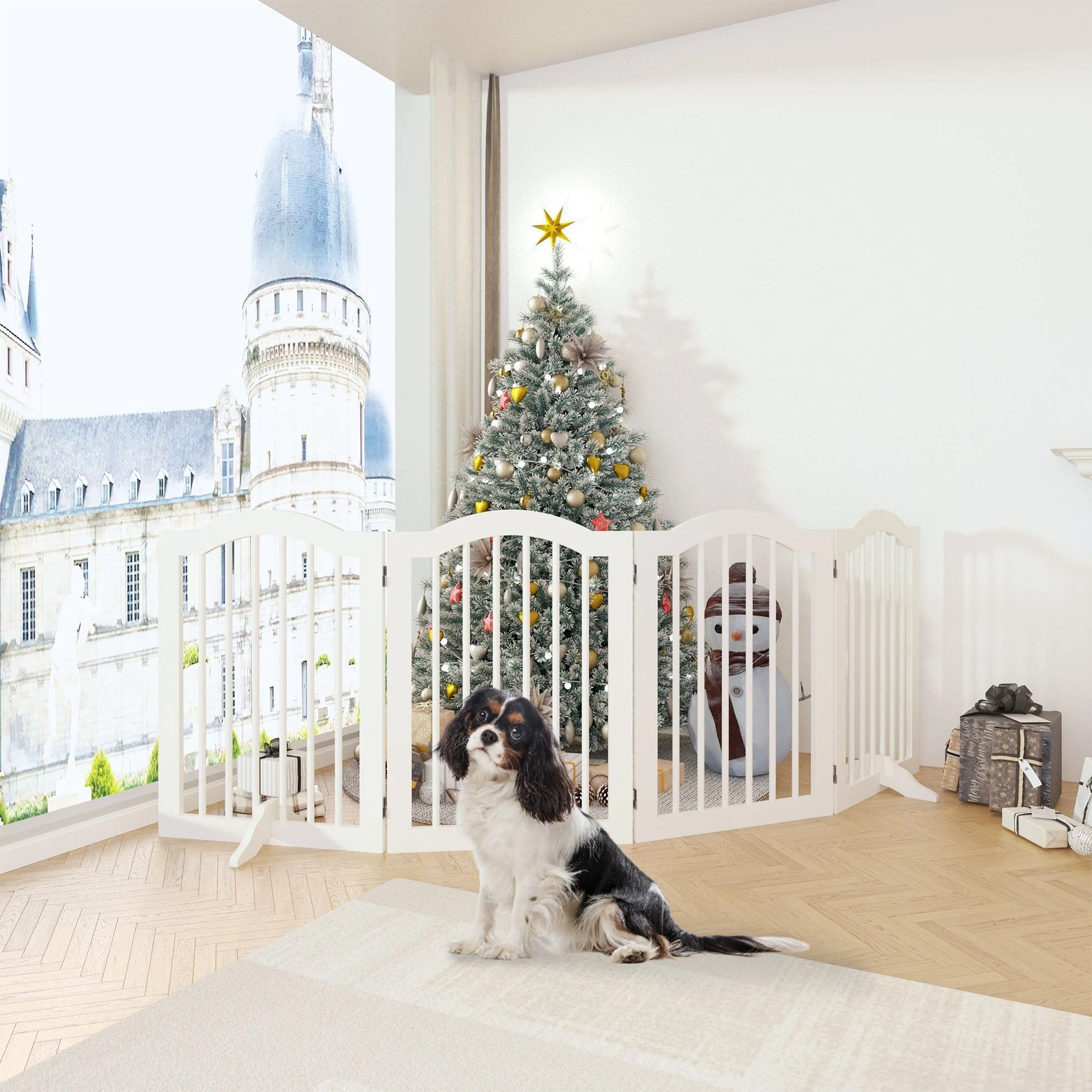 4 Panel Freestanding Pet Gate With Foldable Design And Support Feet - White - Image 2