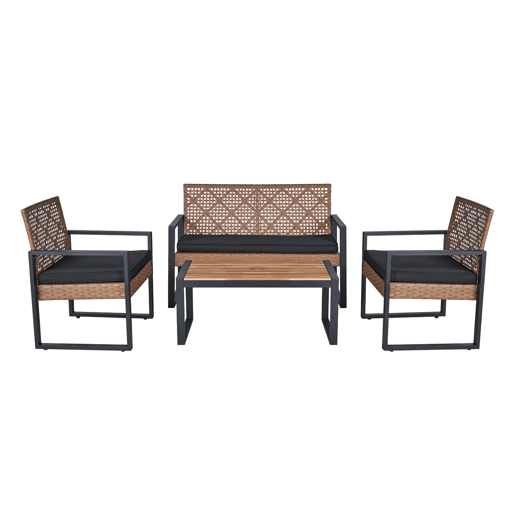 4-Piece All-Weather Wicker Outdoor Patio Conversation Set with Acacia Wood Accents