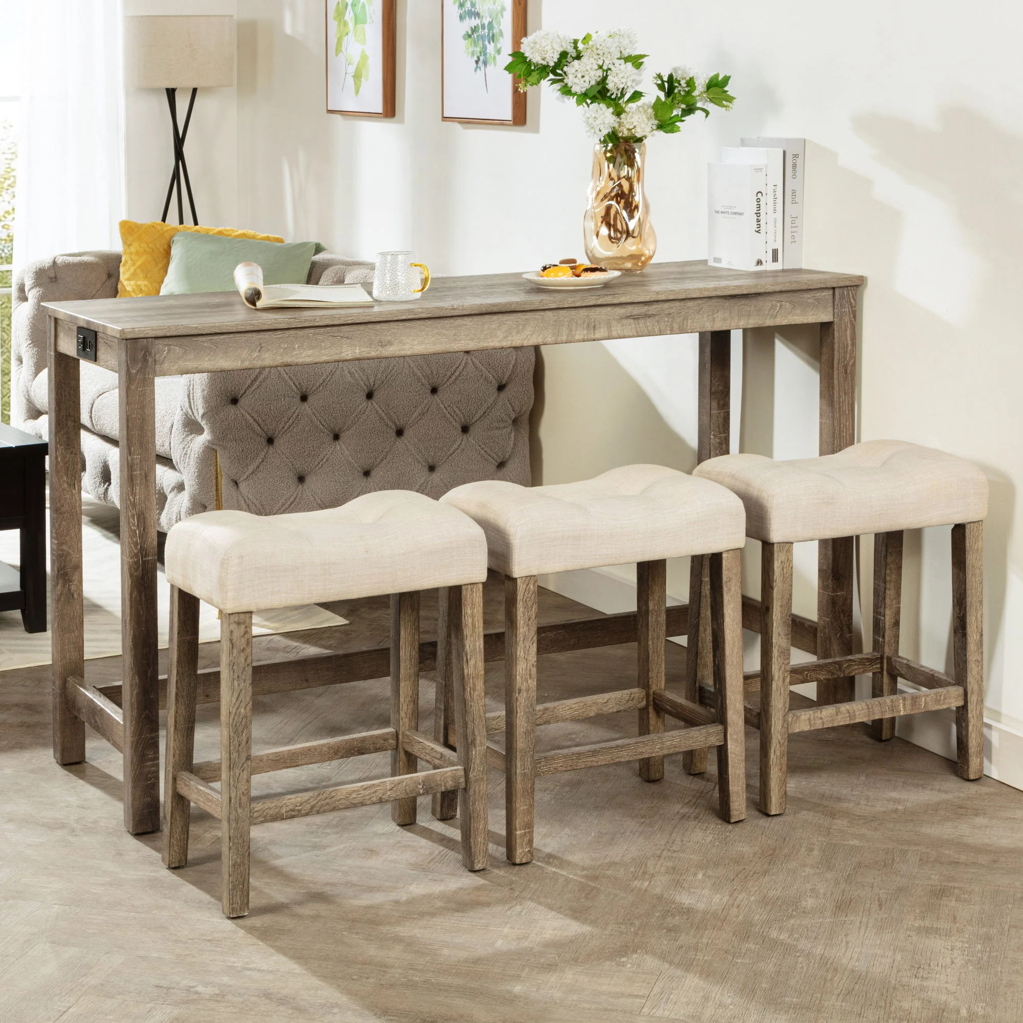 4 Piece Bar Table Set With Power Outlet, 3 Padded Stools - Image 3