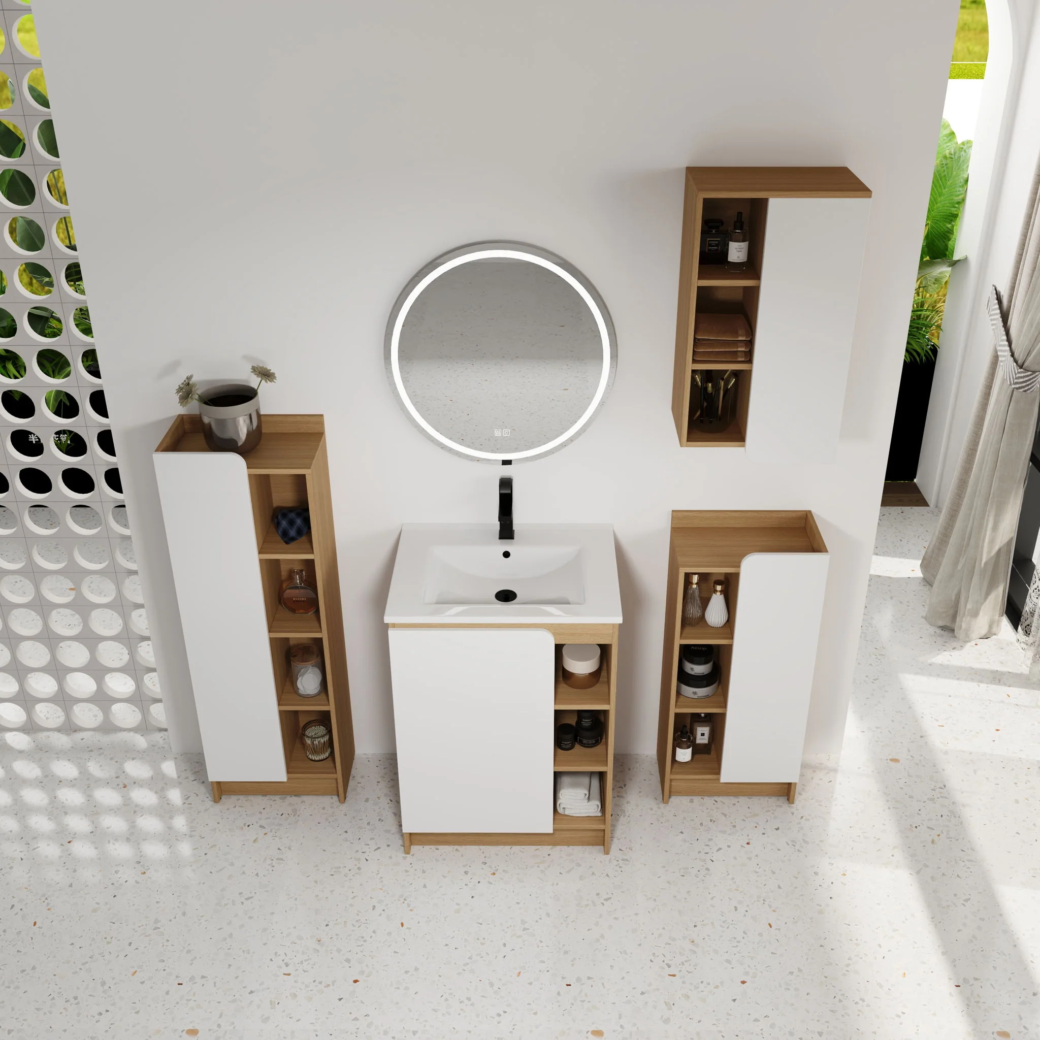 4 Piece Bathroom Vanity Set With Sink, Vanity Combo With Storage Cabinets - Black / Light Oak / White - Image 7