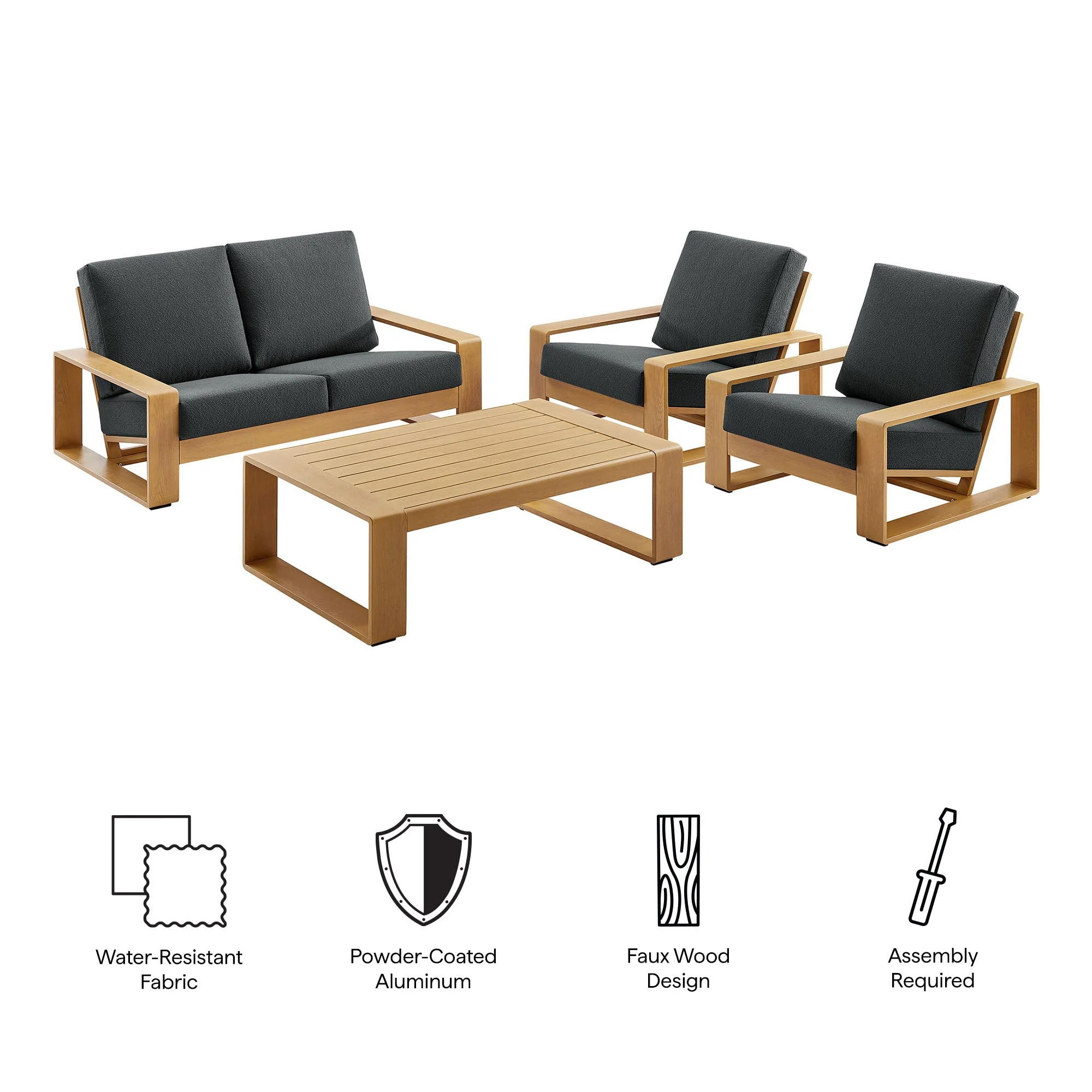 4-Piece Faux Wood Aluminum Patio Set with Comfortable Seating and Durable Construction - Image 2