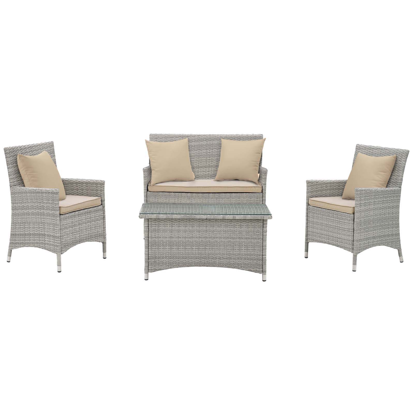 4-Piece Light Gray Beige Wicker Rattan Outdoor Patio Conversation Set with Pillows - Image 8