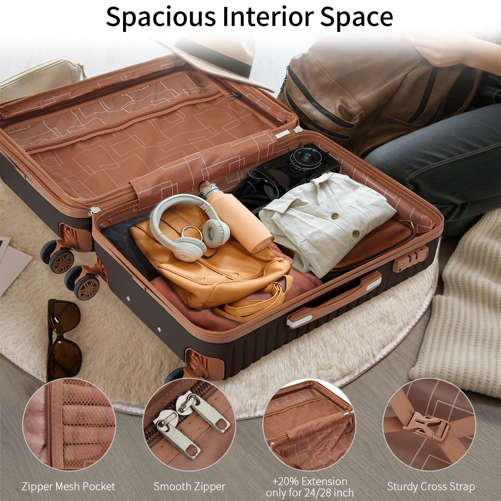 4 Piece Luggage Set Suitcase Set, Abs Hard Shell Lightweight Expandable Travel Luggage With 4 Packing Cubes, Tsa Lock, Spinner Wheels (16 / 20 / 24 / 28) - Coffee - Image 8