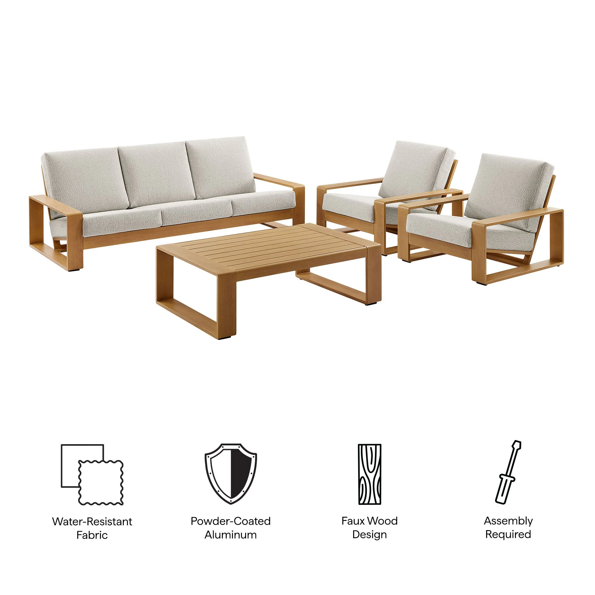 4-Piece Modern Aluminum Faux Wood Outdoor Patio Conversation Furniture Set - Image 12