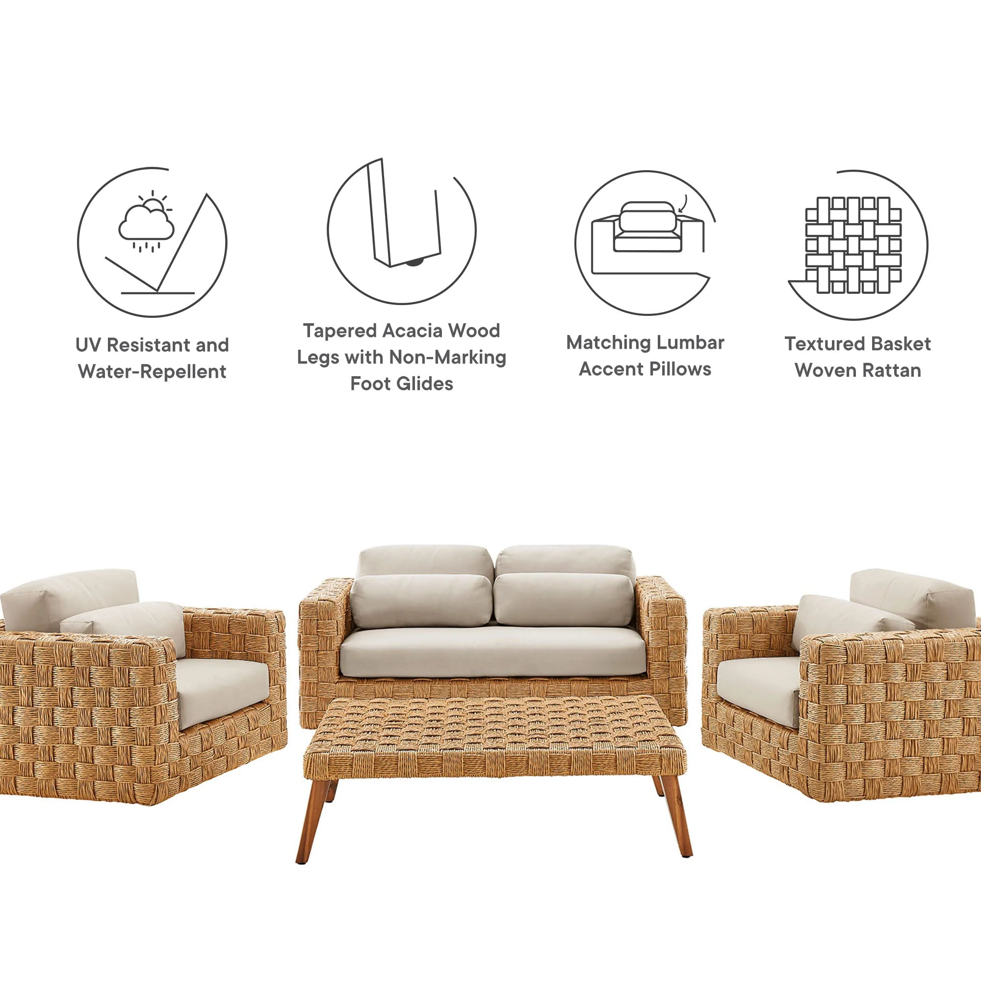 4-Piece Natural Light Gray Wicker Rattan Outdoor Patio Furniture Set - Image 2