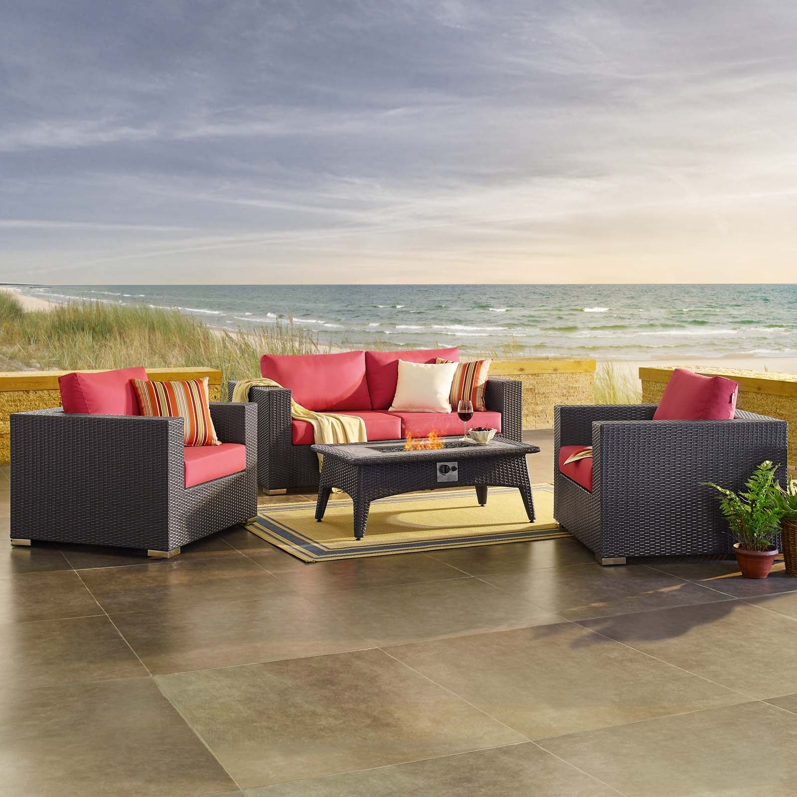 4-Piece Outdoor Wicker Patio Seating Set with Fire Pit Table and Cushions - Image 34