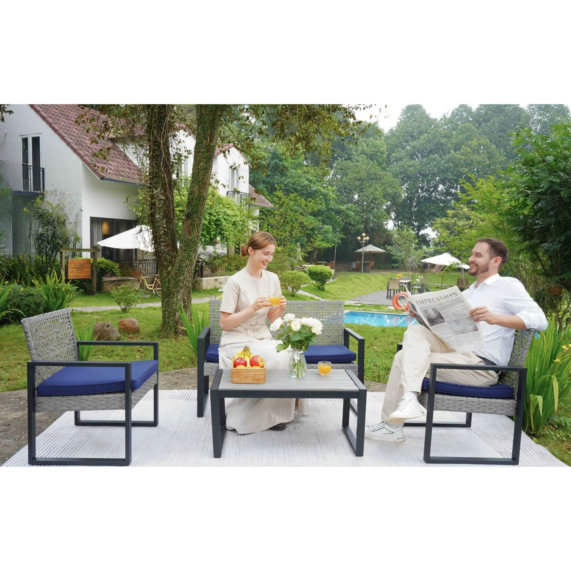 4 Piece Patio Furniture Set With Acacia Wood Table Top And Cushions - Image 15
