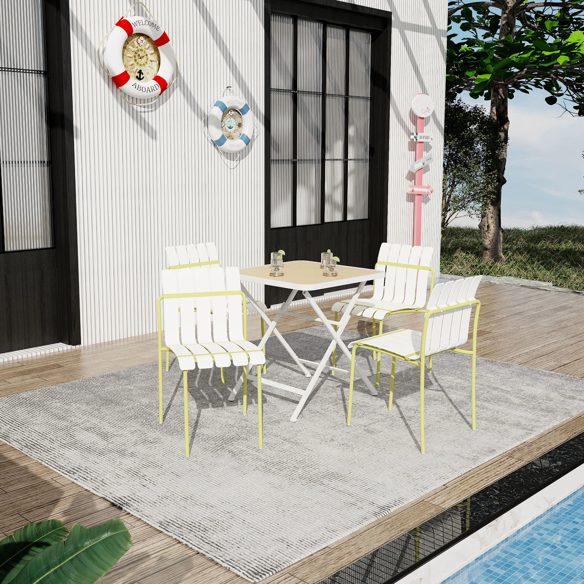 4 Piece Set Of Modern Color Block Designed Single Chairs With Long Table - Image 6