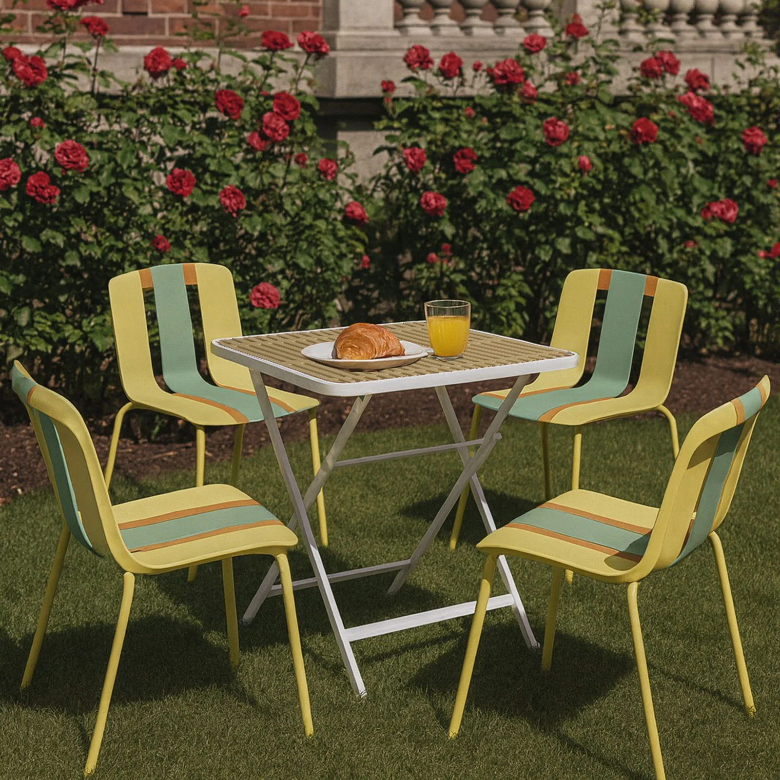 4 Piece Set Of Modern Striped Single Chairs With Folding Square Table - Image 3