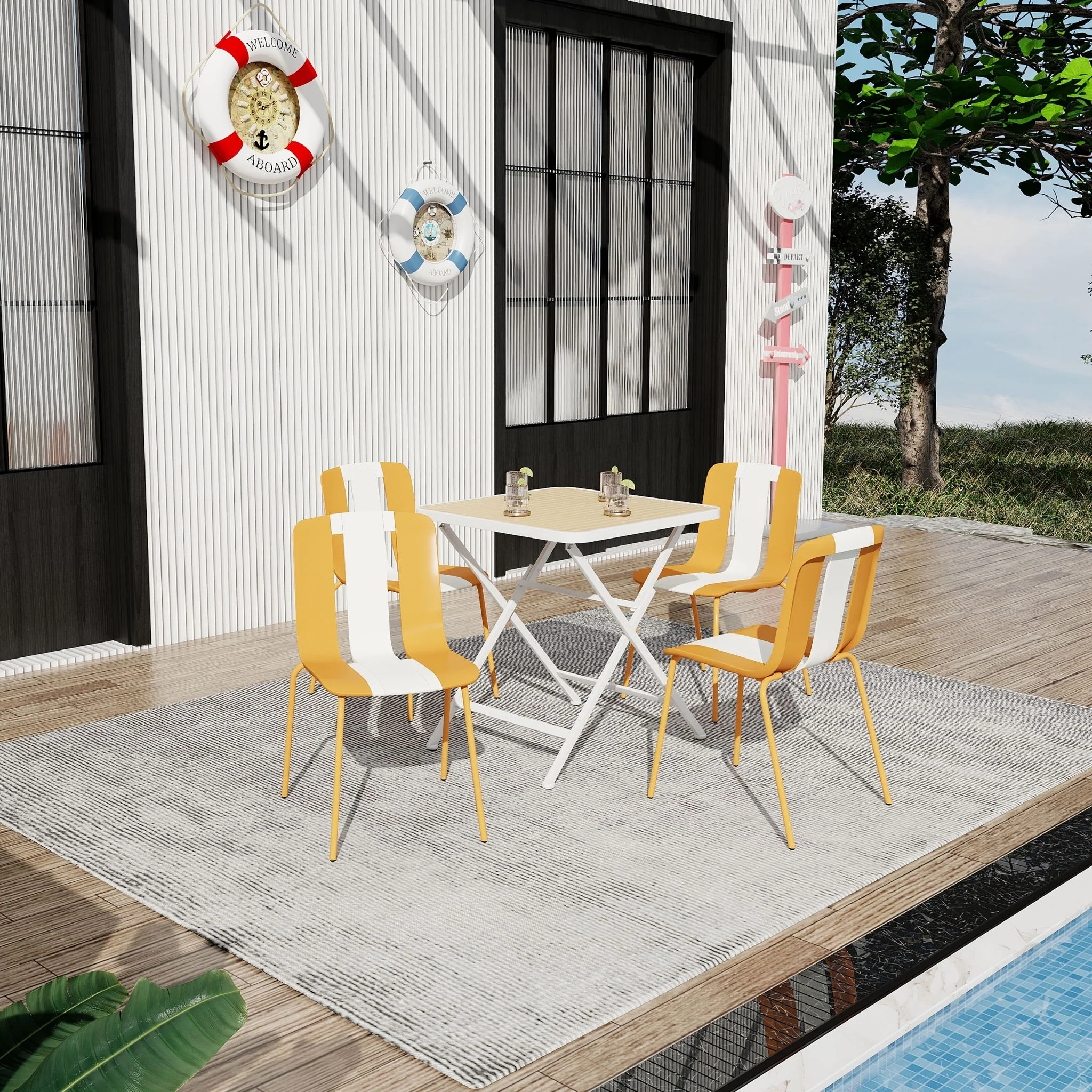 4 Piece Set Of Modern Striped Single Chairs With Folding Square Table - Image 6
