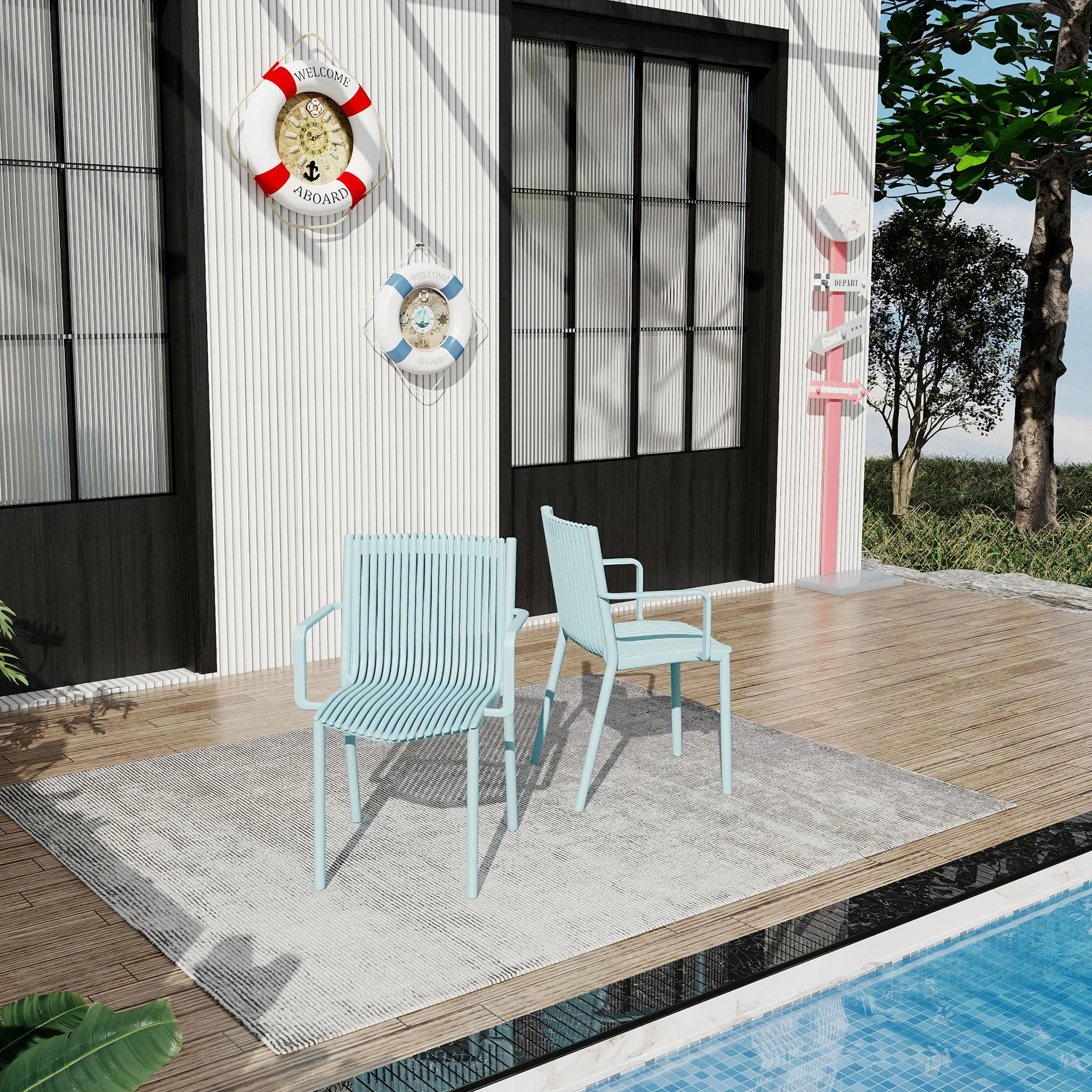 4 Piece Stackable Single Chairs With Vertical Stripe Design For All Weather - Image 9