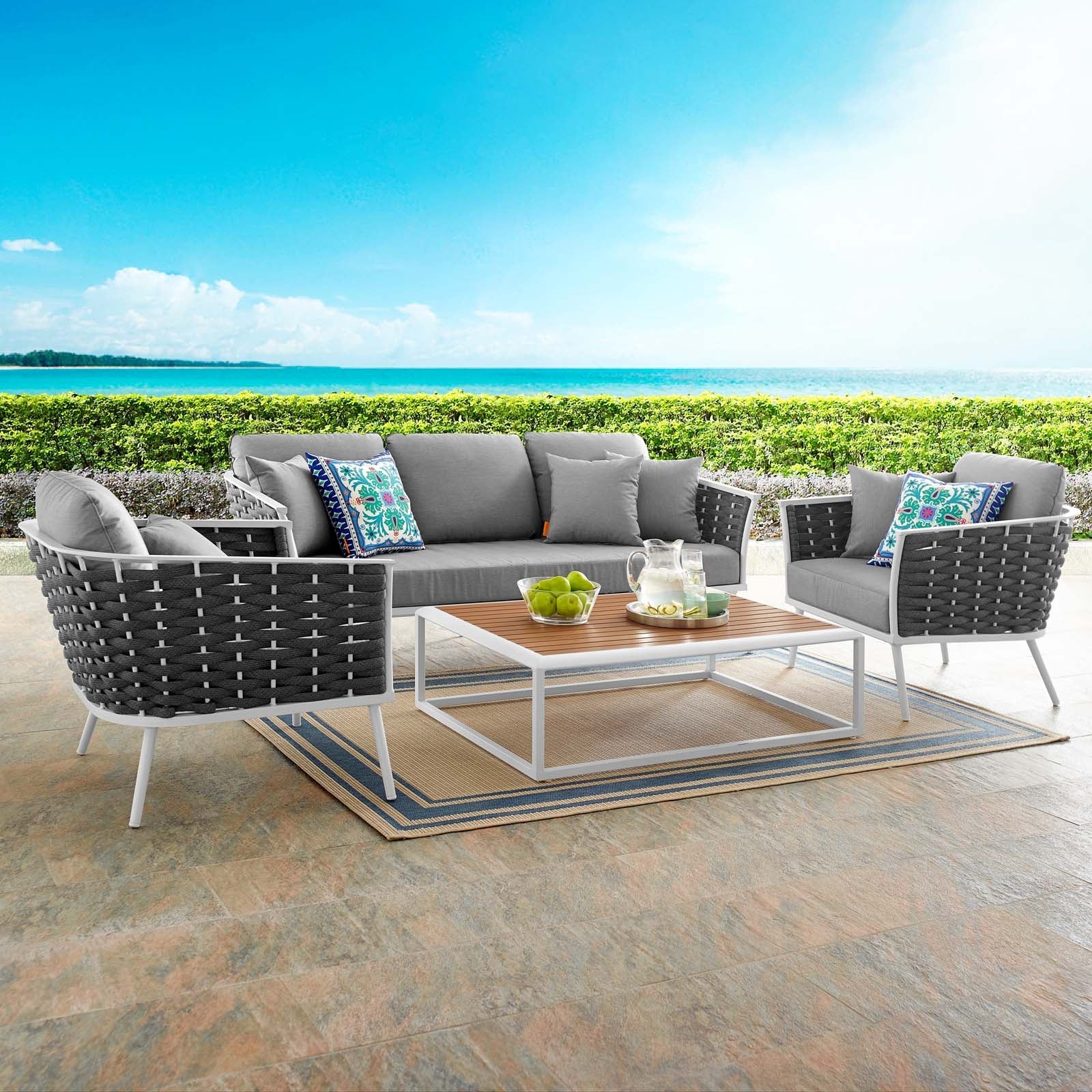 4-Piece White and Gray Aluminum Rope Outdoor Sectional Sofa Set - Image 10