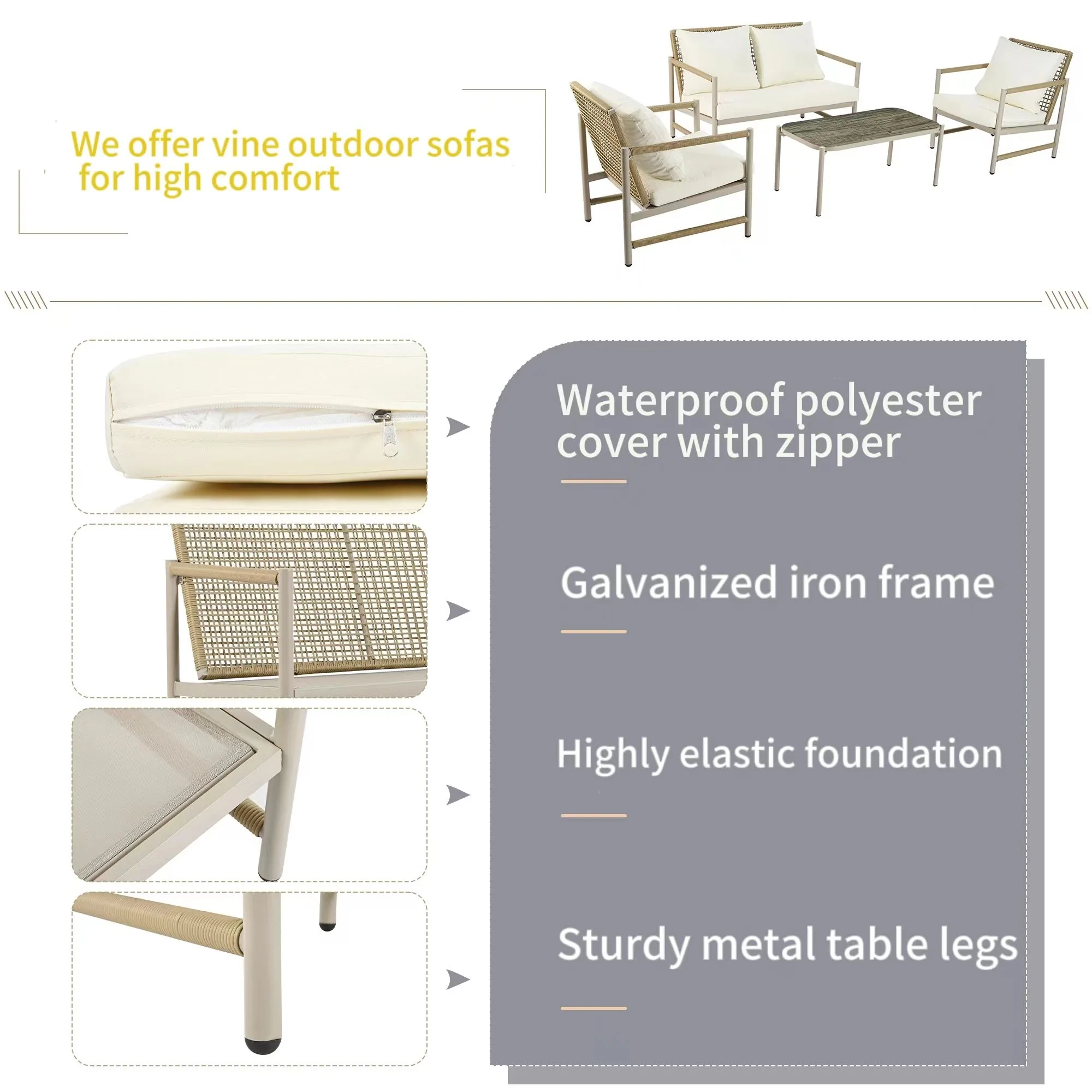 4 Pieces Patio Furniture Set, PE Rattan Wicker With Washable Cushion And Tempered Glass Tabletop, Conversation Furniture For Garden Poolside Balcony - Image 10