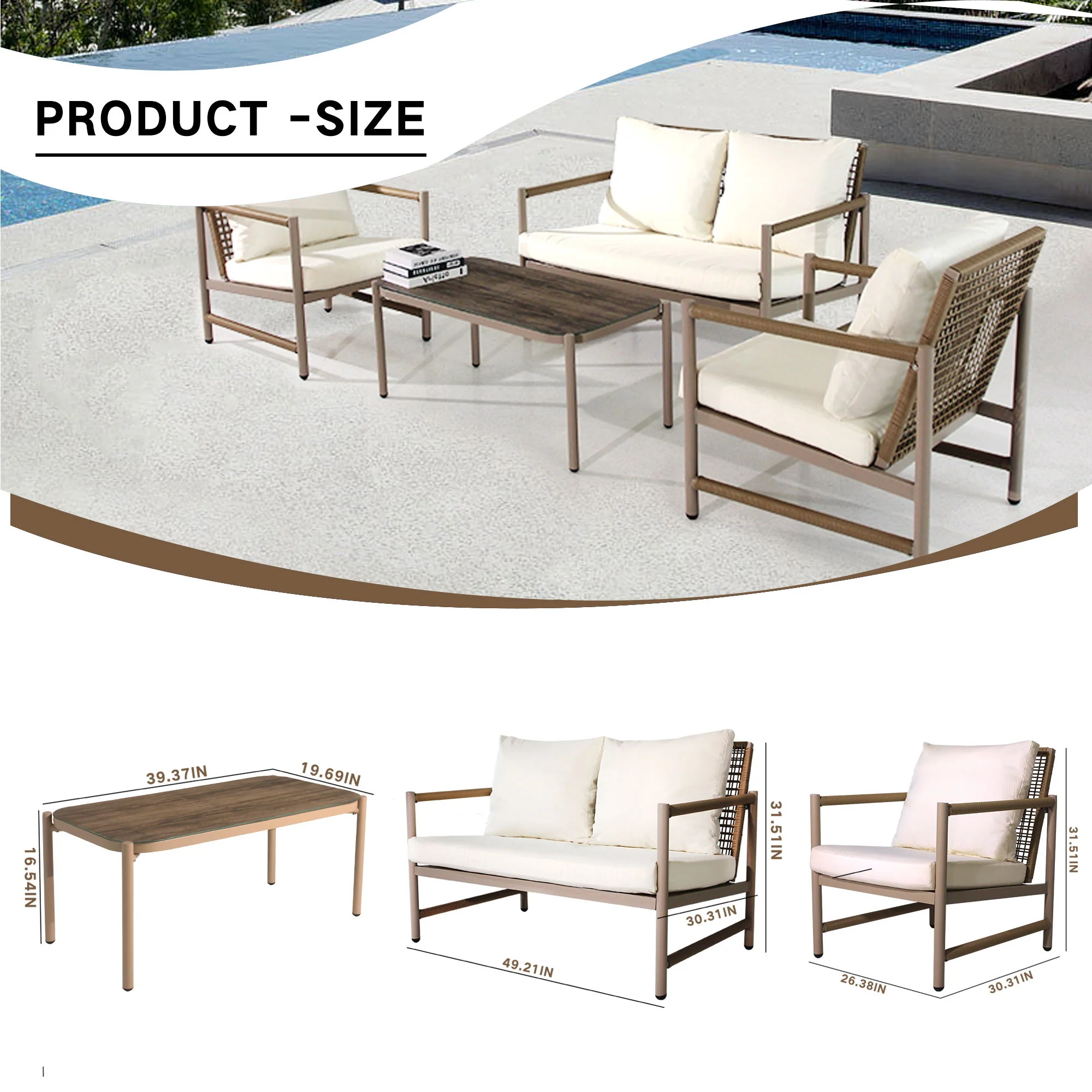 4 Pieces Patio Furniture Set, PE Rattan Wicker With Washable Cushion And Tempered Glass Tabletop, Conversation Furniture For Garden Poolside Balcony - Image 14