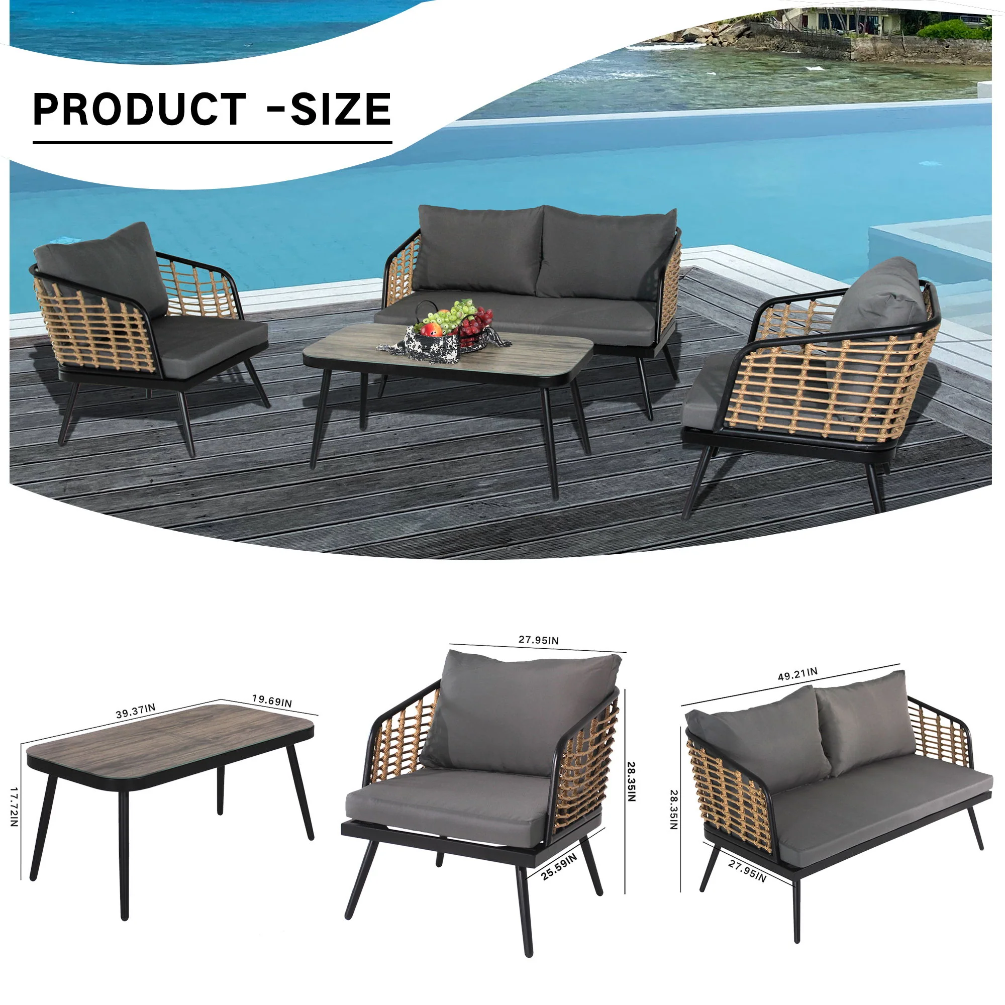 4 Pieces Patio Furniture Set, PE Rattan Wicker With Washable Cushion And Tempered Glass Tabletop, Conversation Furniture For Garden Poolside Balcony - Image 18