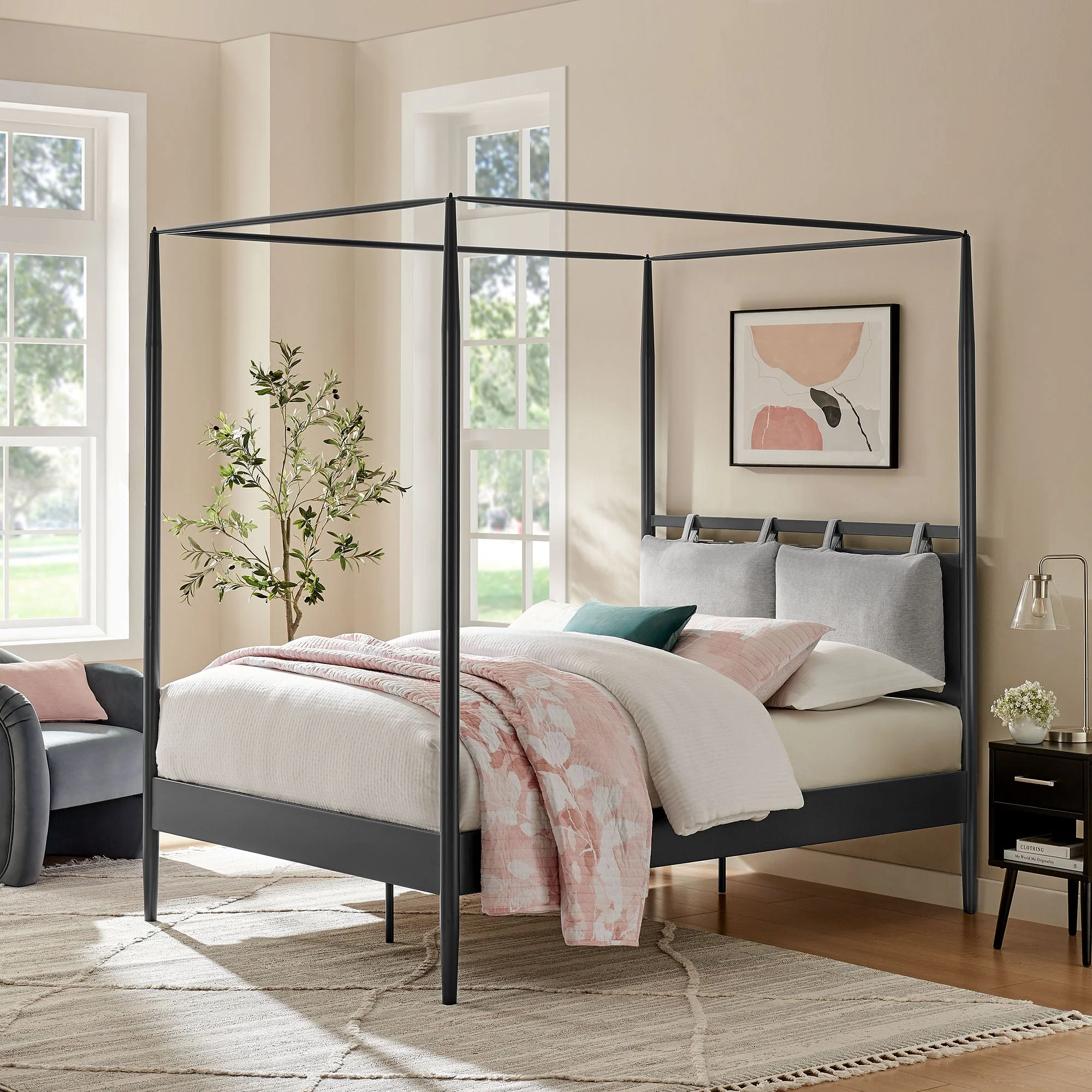 4-Poster Canopy Metal Platform Bed with Adjustable Cushioned Headboard - Image 12