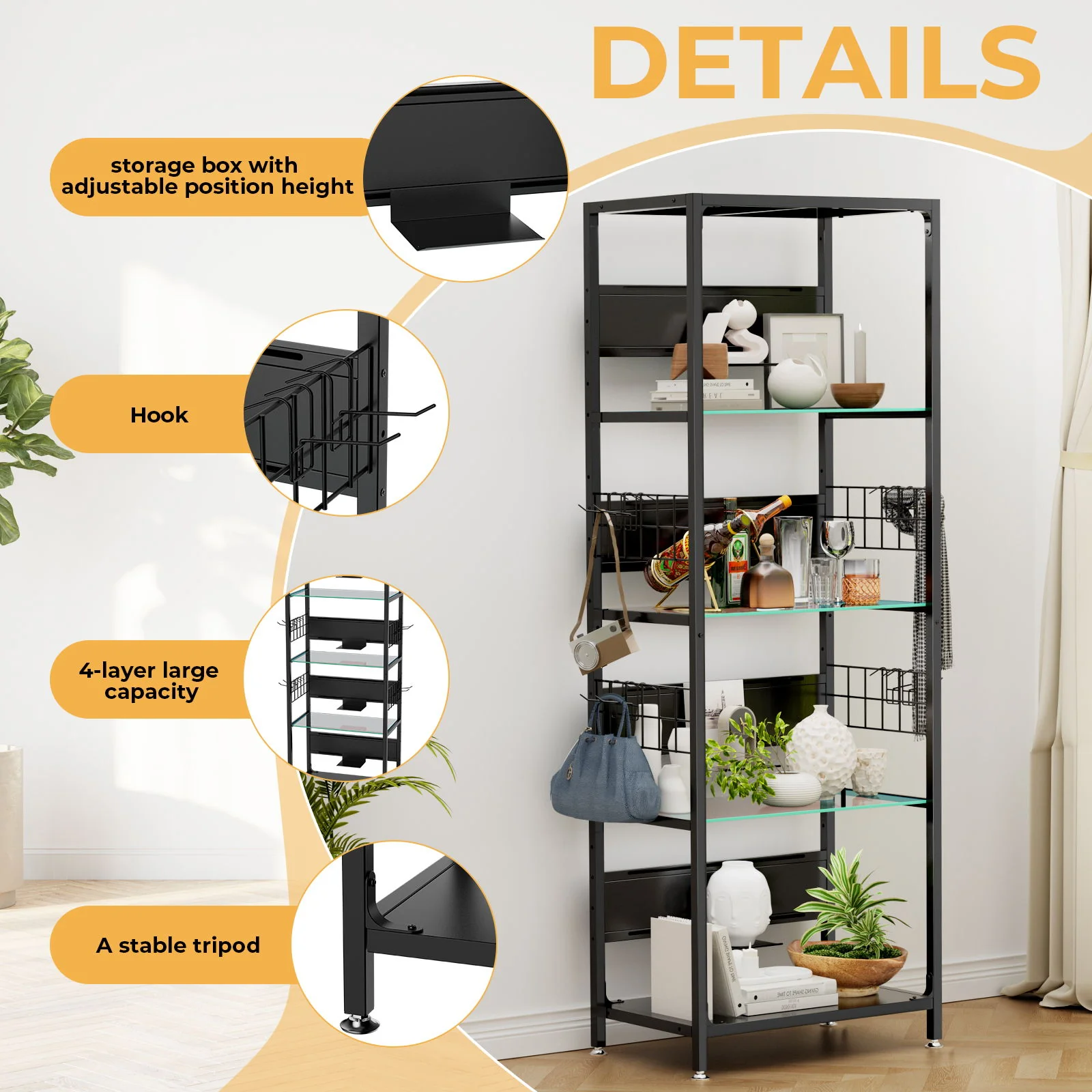 4 Tier Display Shelf With RGB Lights, LED Lighted Curio Cabinet With Adjustable Storage Box & Hooks - Black - Image 2
