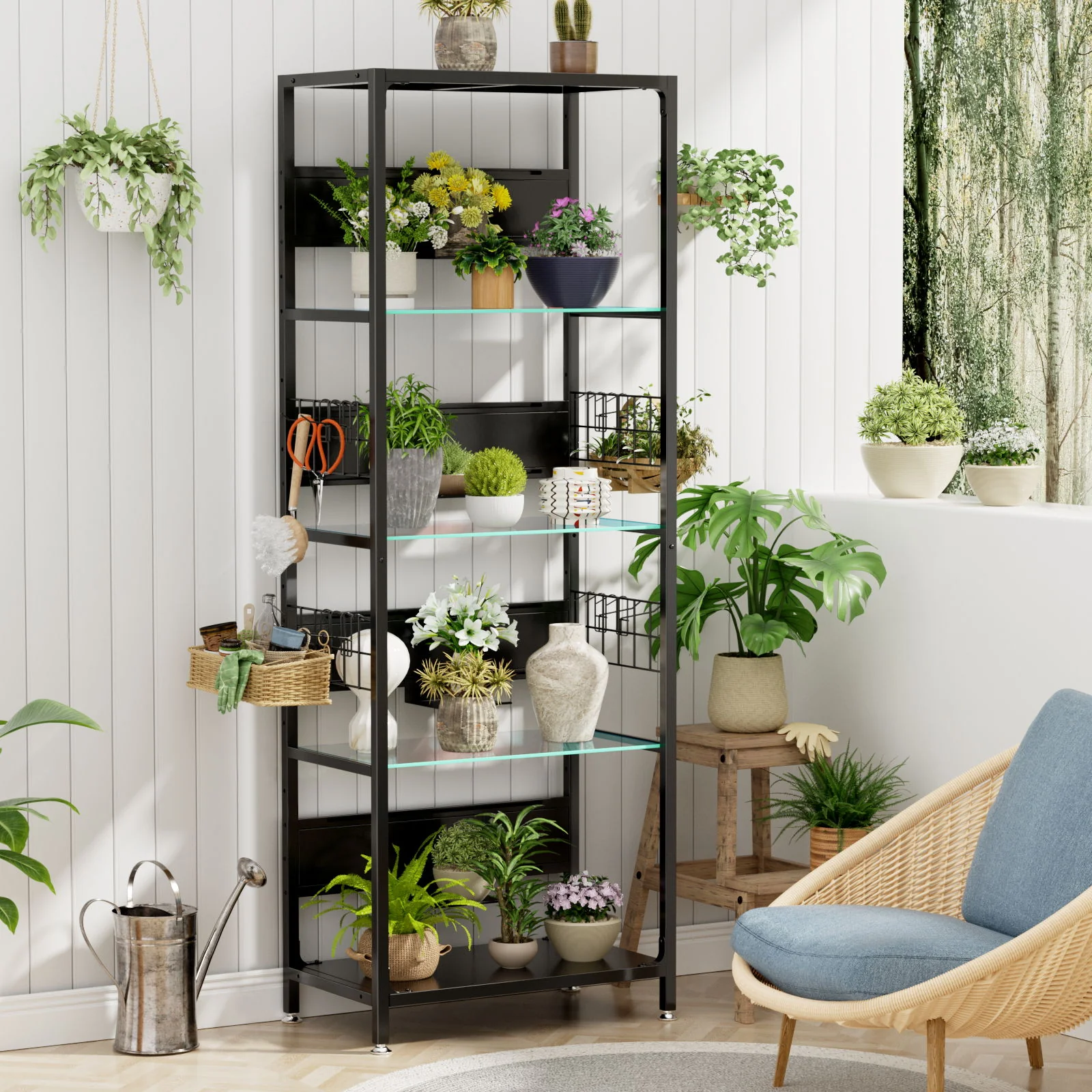 4 Tier Display Shelf With RGB Lights, LED Lighted Curio Cabinet With Adjustable Storage Box & Hooks - Black - Image 5