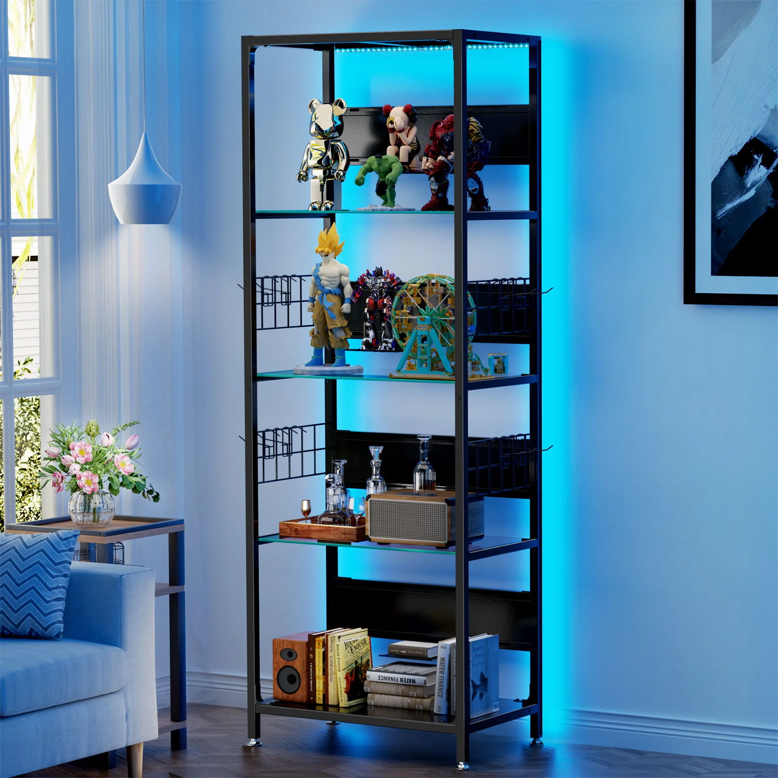 4 Tier Display Shelf With RGB Lights, LED Lighted Curio Cabinet With Adjustable Storage Box & Hooks - Black - Image 9