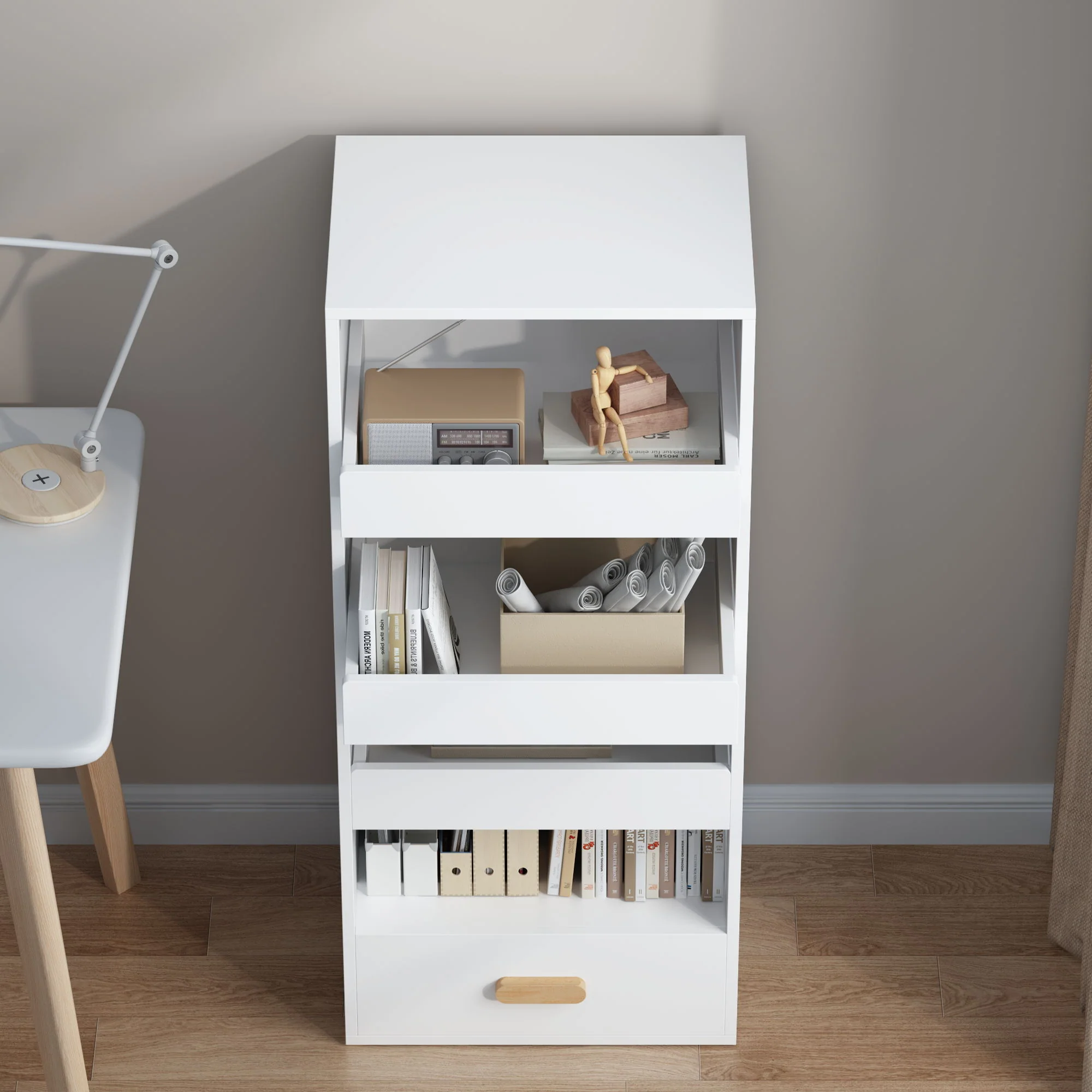 4 Tier Freestanding Bookshelf With 3 Sliding Drawers And 1 Bottom Drawer - White - Image 8