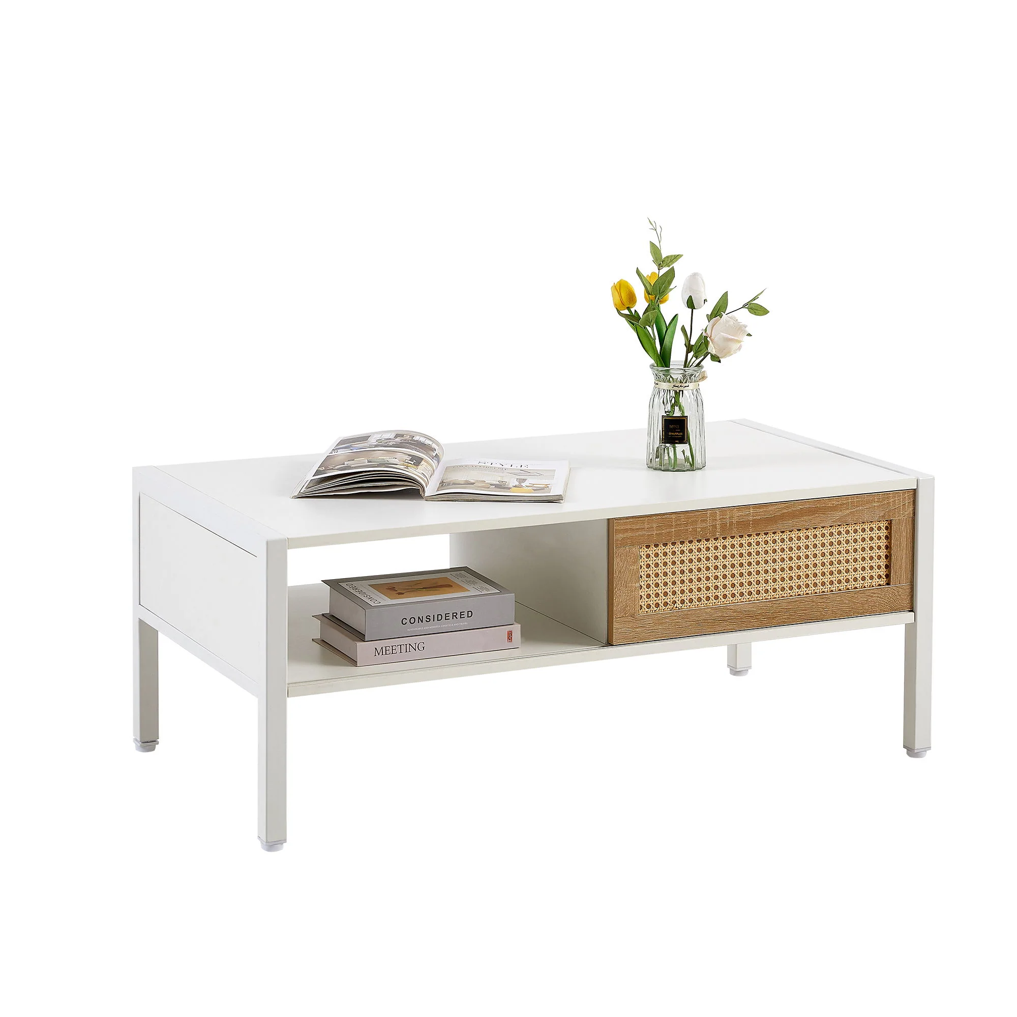 40.16" Rattan Coffee Table, Sliding Door For Storage, Metal Legs, Modern Table For Living Room - Image 13